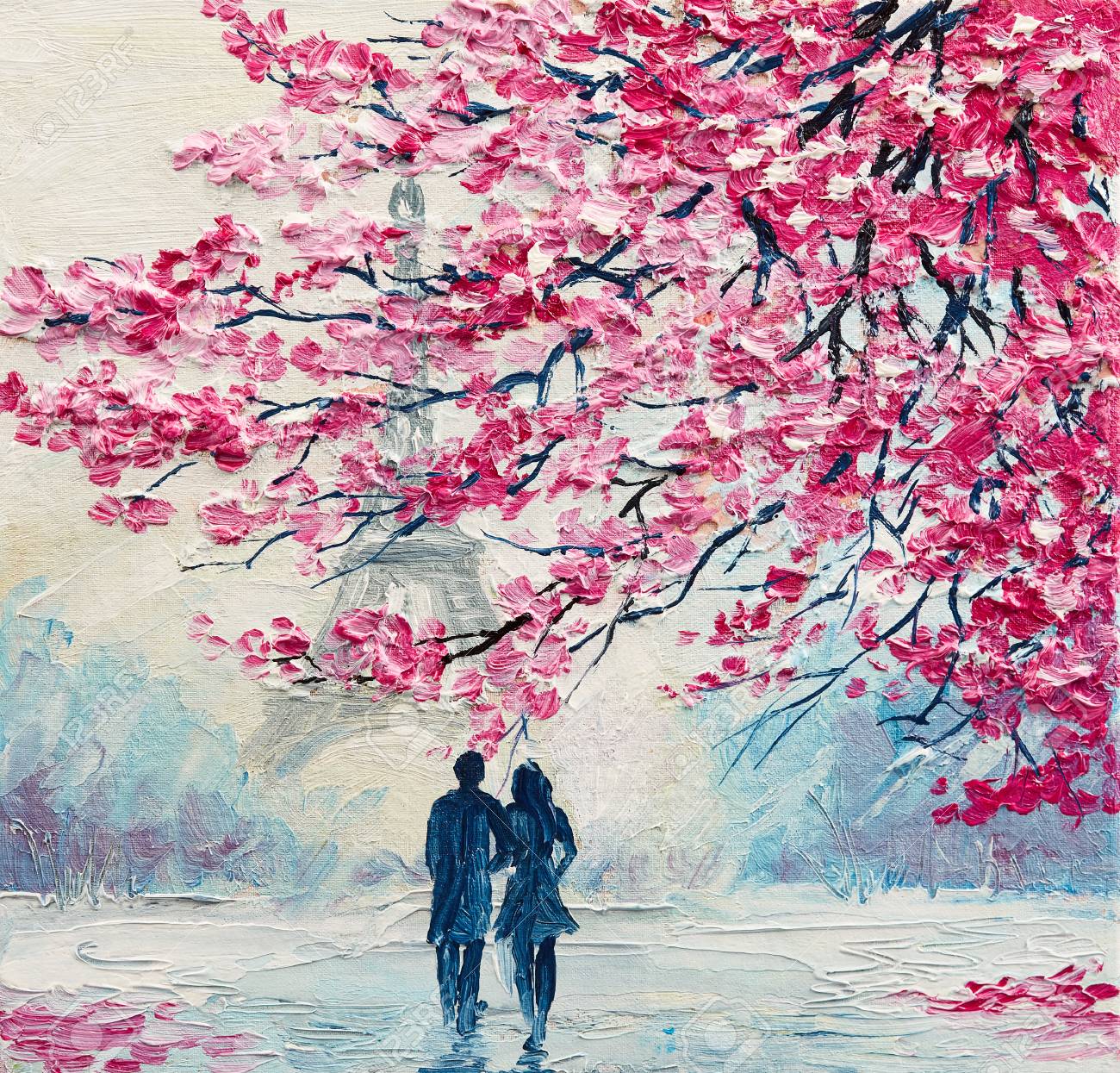 Pintura Al óleo Sobre Lienzo, Pareja De Enamorados Bajo Una ...