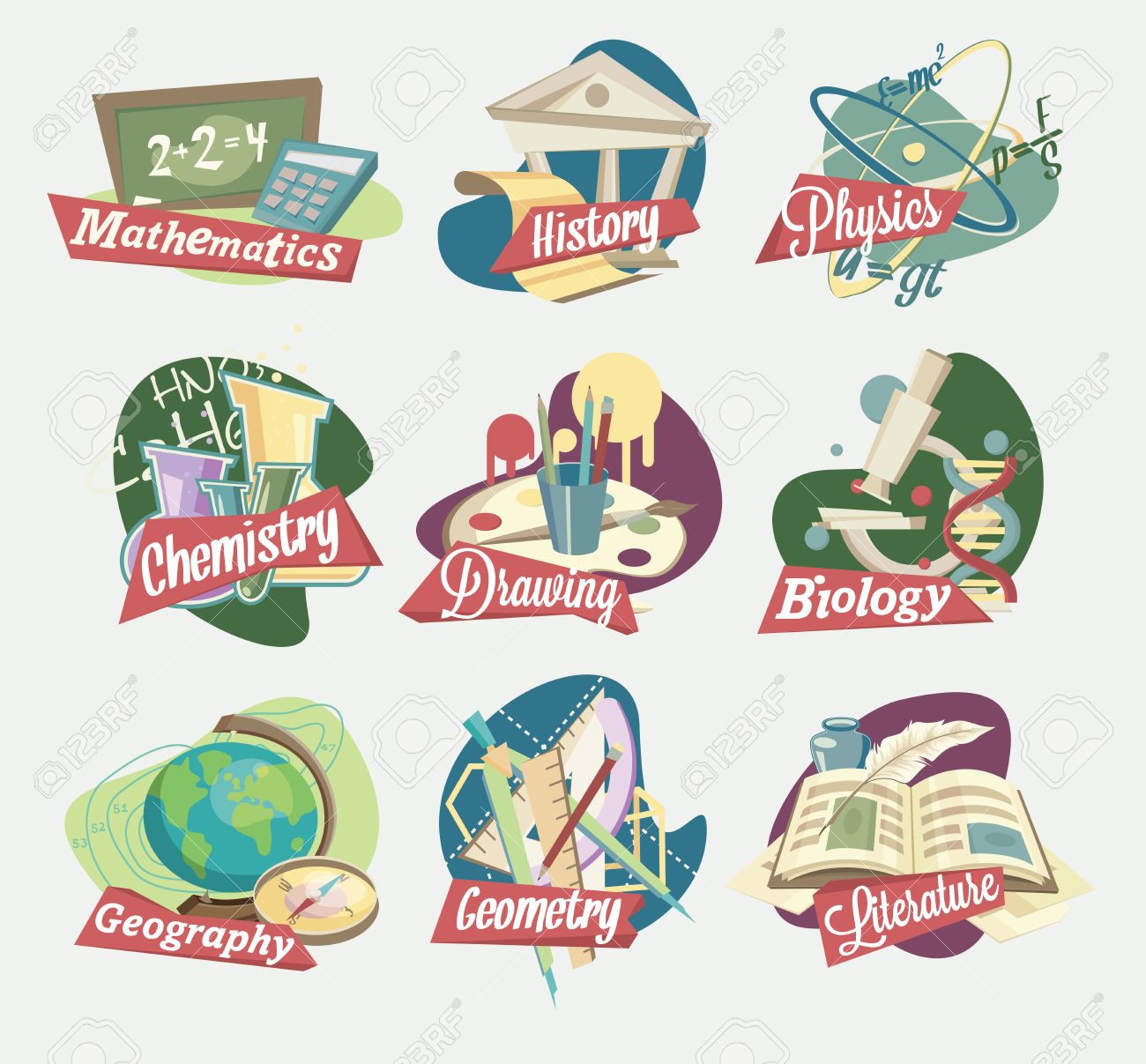 emblems of school subjects royalty free cliparts vectors and stock