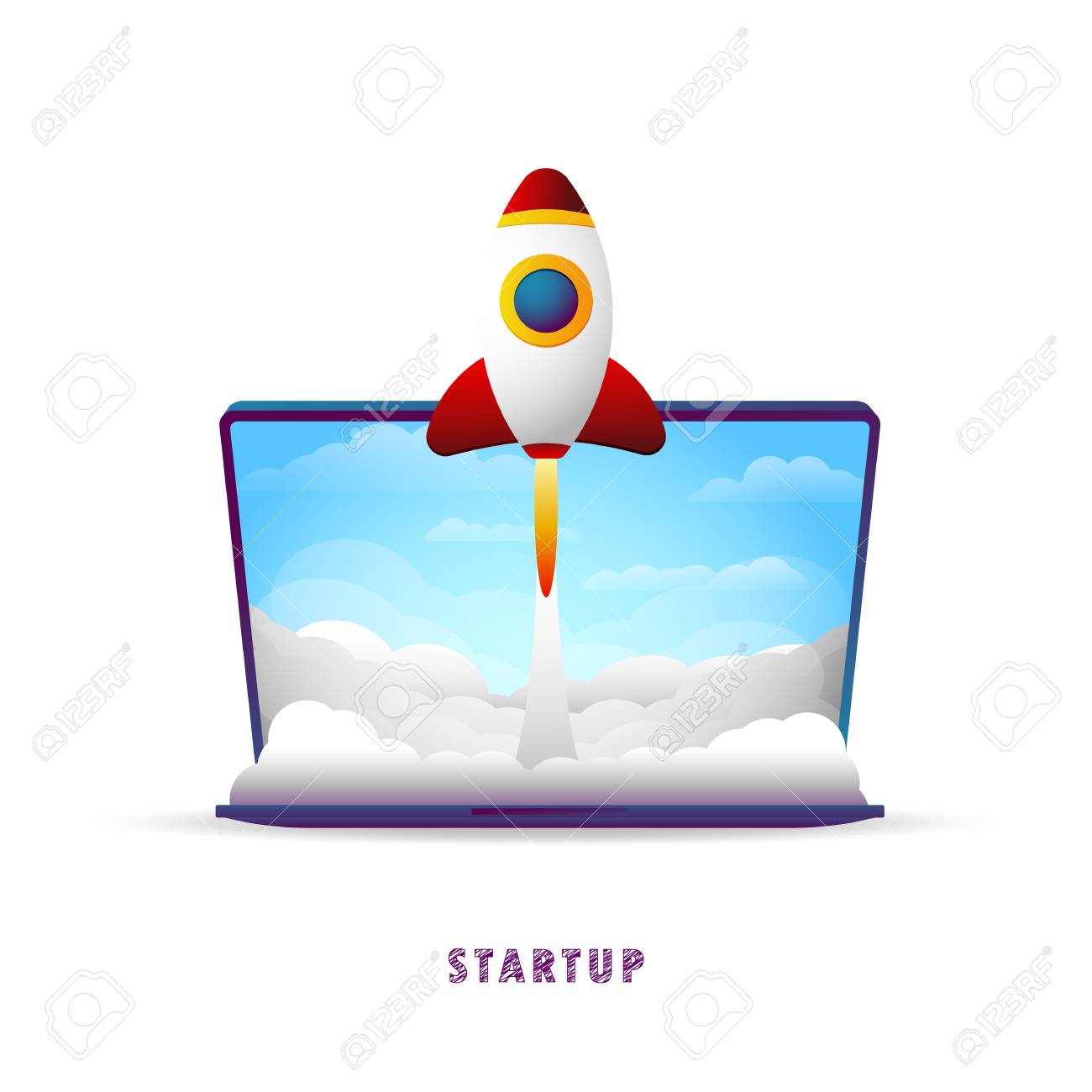 Startup. The rocket takes off from the laptop. Vector illustration. Flat. Slope. Transparent background - 104062232 Startup. The rocket takes off from the laptop. Vector illustration. Flat. Slope. Transparent background - 104062232