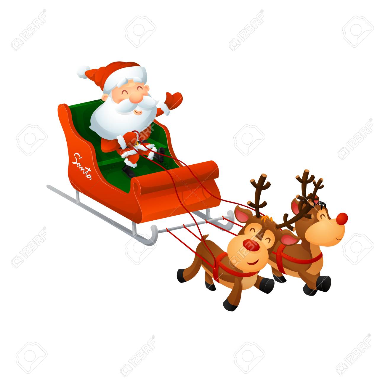 Cartoon cute Santa Claus on a sleigh with funny reindeer. On a white background, cartoon, vector illustration. - 112717772 Cartoon cute Santa Claus on a sleigh with funny reindeer. On a white background, cartoon, vector illustration. - 112717772