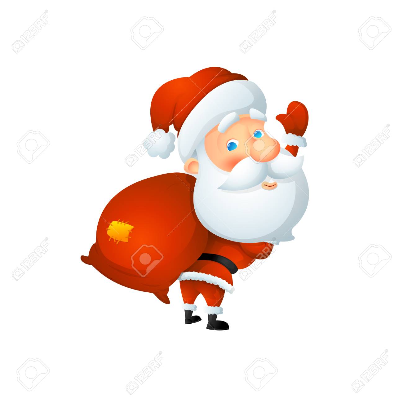 Cartoon cute Santa Claus waving with a bag of gifts behind his back. On a white background, cartoon, vector illustration. - 112717774 Cartoon cute Santa Claus waving with a bag of gifts behind his back. On a white background, cartoon, vector illustration. - 112717774