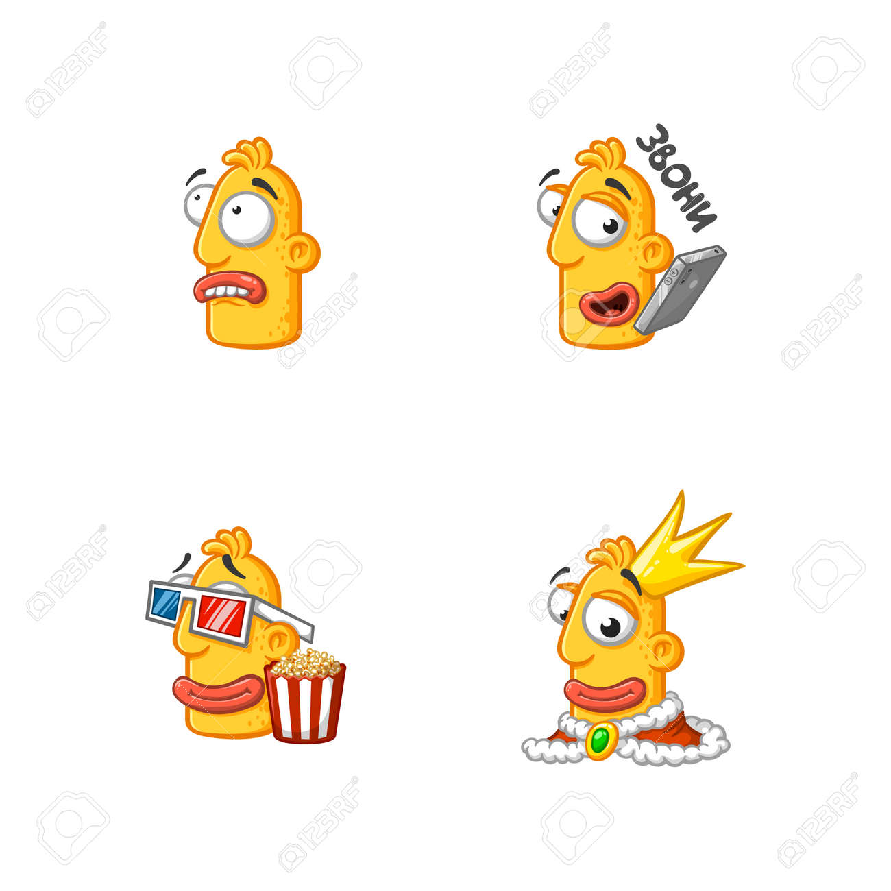 Set of special funny cartoon stickers character head, yellow color, with large lips and eyes in a vector on a white background. - 159029810 Set of special funny cartoon stickers character head, yellow color, with large lips and eyes in a vector on a white background. - 159029810