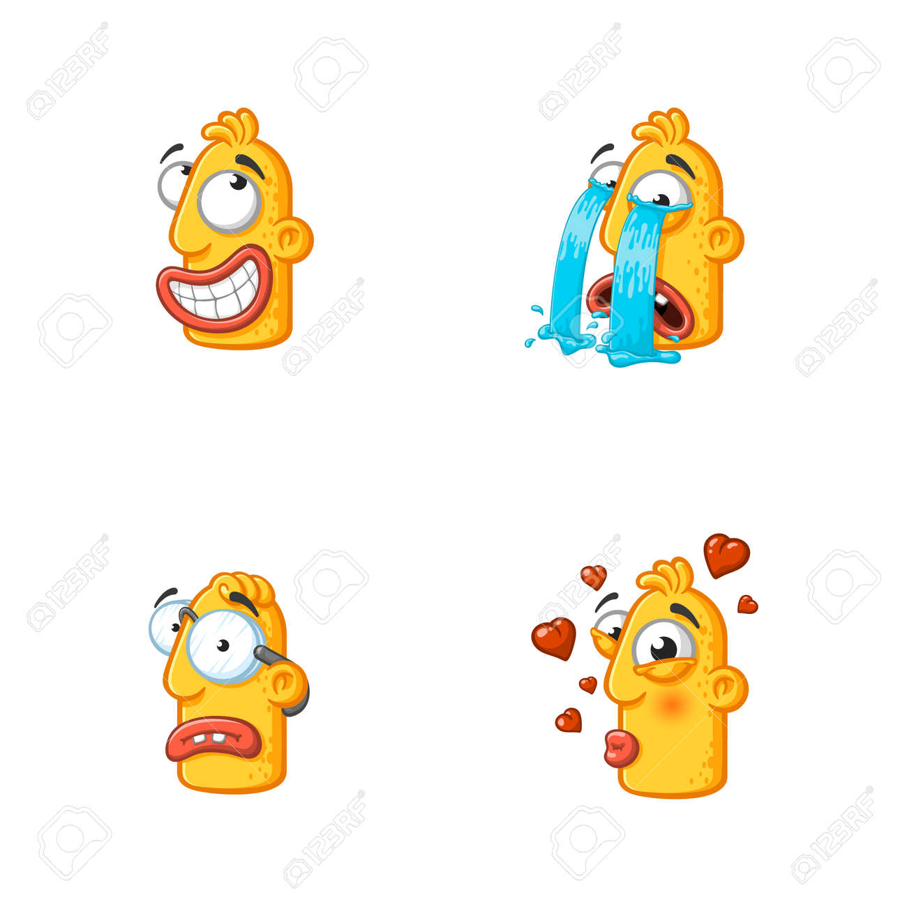 Set of special funny cartoon stickers character head, yellow color, with large lips and eyes in a vector on a white background. - 159029844 Set of special funny cartoon stickers character head, yellow color, with large lips and eyes in a vector on a white background. - 159029844