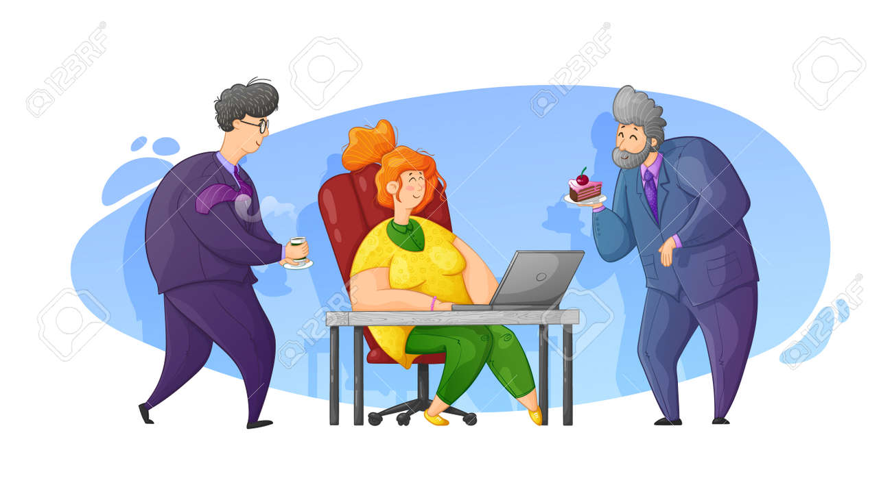 Caring for a colleague at work. Congratulations on your birthday at work. Cartoon contour illustration in vector. - 159520071 Caring for a colleague at work. Congratulations on your birthday at work. Cartoon contour illustration in vector. - 159520071