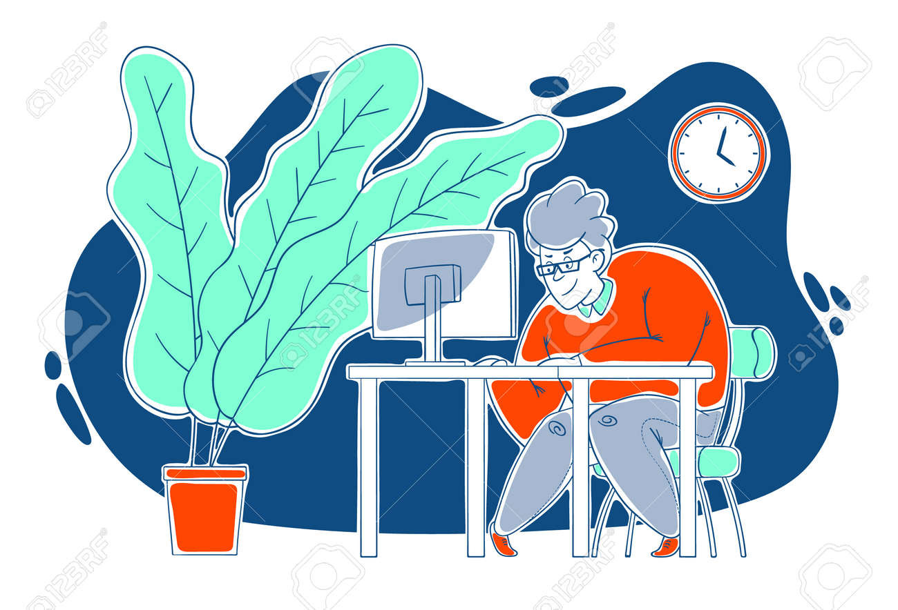 A kind, sweet, cheerful guy works hard at the computer in the office. Work in the office, deadline. Cartoon style, contour drawing in a vector. - 159580607 A kind, sweet, cheerful guy works hard at the computer in the office. Work in the office, deadline. Cartoon style, contour drawing in a vector. - 159580607