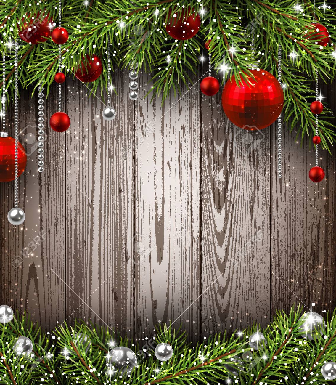 Noël Fond En Bois Avec Des Branches Et Des Boules De Sapin