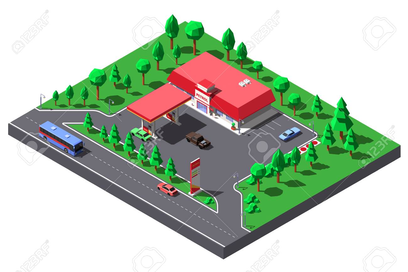 vector isometric illustration gas station and mini market near isometric illustration