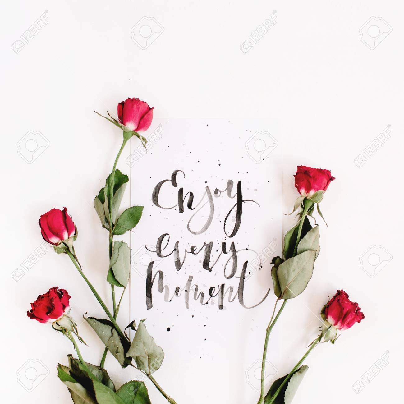 Citation Inspirante Enjoy Every Moment Ecrit En Style Calligraphique Sur Papier Avec Des Roses Rouges Isoles Sur Fond Blanc Plat Poser Vue De Dessus Banque D Images Et Photos Libres De Droits Image