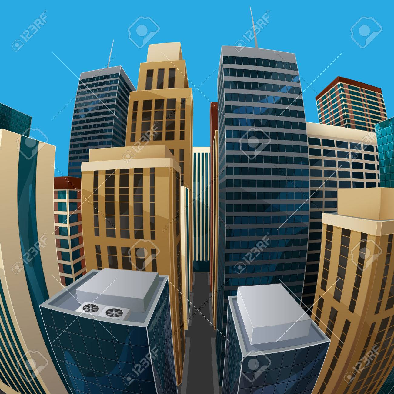 都市景観のパノラマ魚眼レンズ ビューのベクトル イラスト 高層ビル ビジネス センターおよび他の建物と近代的な都市 建築構成学曲線の視点で のイラスト素材 ベクタ Image
