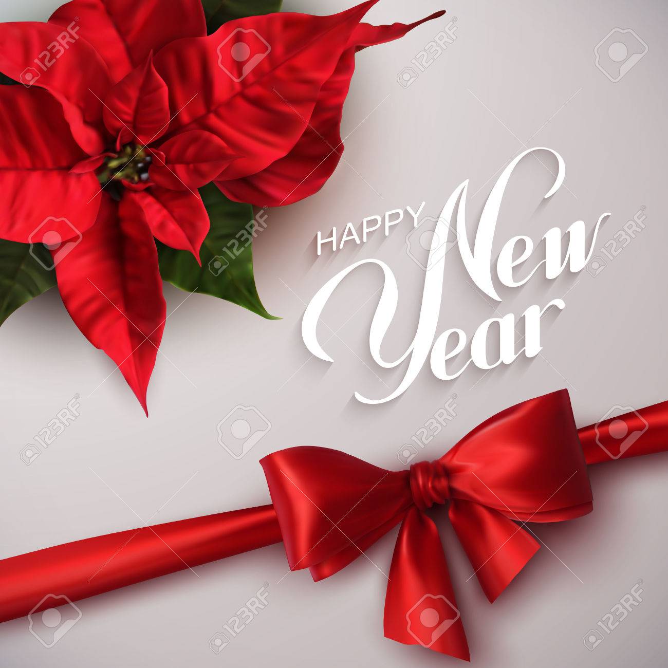 明けましておめでとう ラベル 赤い弓とポインセチアの花をレタリングとベクトル休日イラストのイラスト素材 ベクタ Image