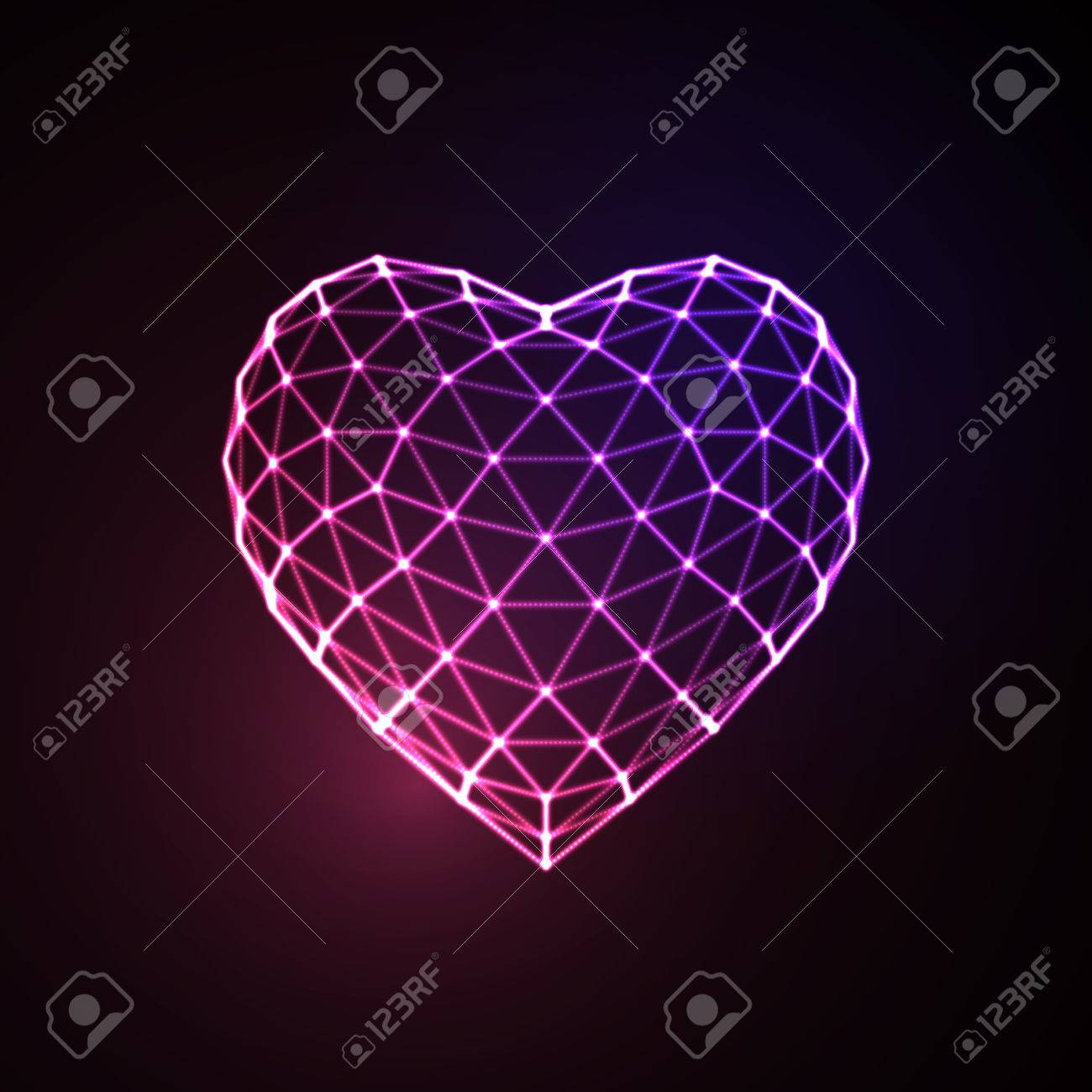 Happy Valentines Day. 3D illuminated neon heart of glowing particles and wireframe. Vector illustration. - 53133370 Happy Valentines Day. 3D illuminated neon heart of glowing particles and wireframe. Vector illustration. - 53133370