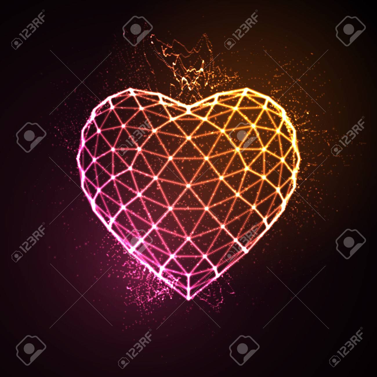 Happy Valentines Day. 3D illuminated neon heart of glowing particles and wireframe. Vector illustration. - 53133381 Happy Valentines Day. 3D illuminated neon heart of glowing particles and wireframe. Vector illustration. - 53133381