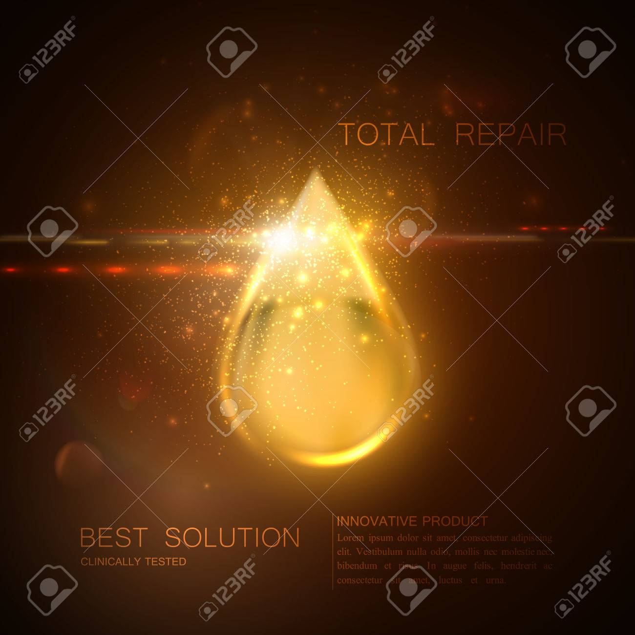 Collagen serum or oil essence golden droplet with particles and lens flare light effect. Vector beauty illustration of clinically tested innovative product. Cosmetic skin or hair care treatment design - 65400038 Collagen serum or oil essence golden droplet with particles and lens flare light effect. Vector beauty illustration of clinically tested innovative product. Cosmetic skin or hair care treatment design - 65400038