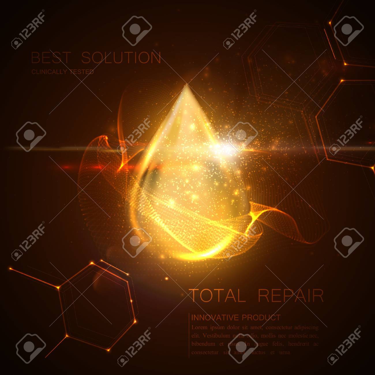 Collagen serum or oil essence golden droplet with particles and lens flare light effect. Vector beauty illustration of clinically tested innovative product. Cosmetic skin or hair care treatment design - 65400072 Collagen serum or oil essence golden droplet with particles and lens flare light effect. Vector beauty illustration of clinically tested innovative product. Cosmetic skin or hair care treatment design - 65400072
