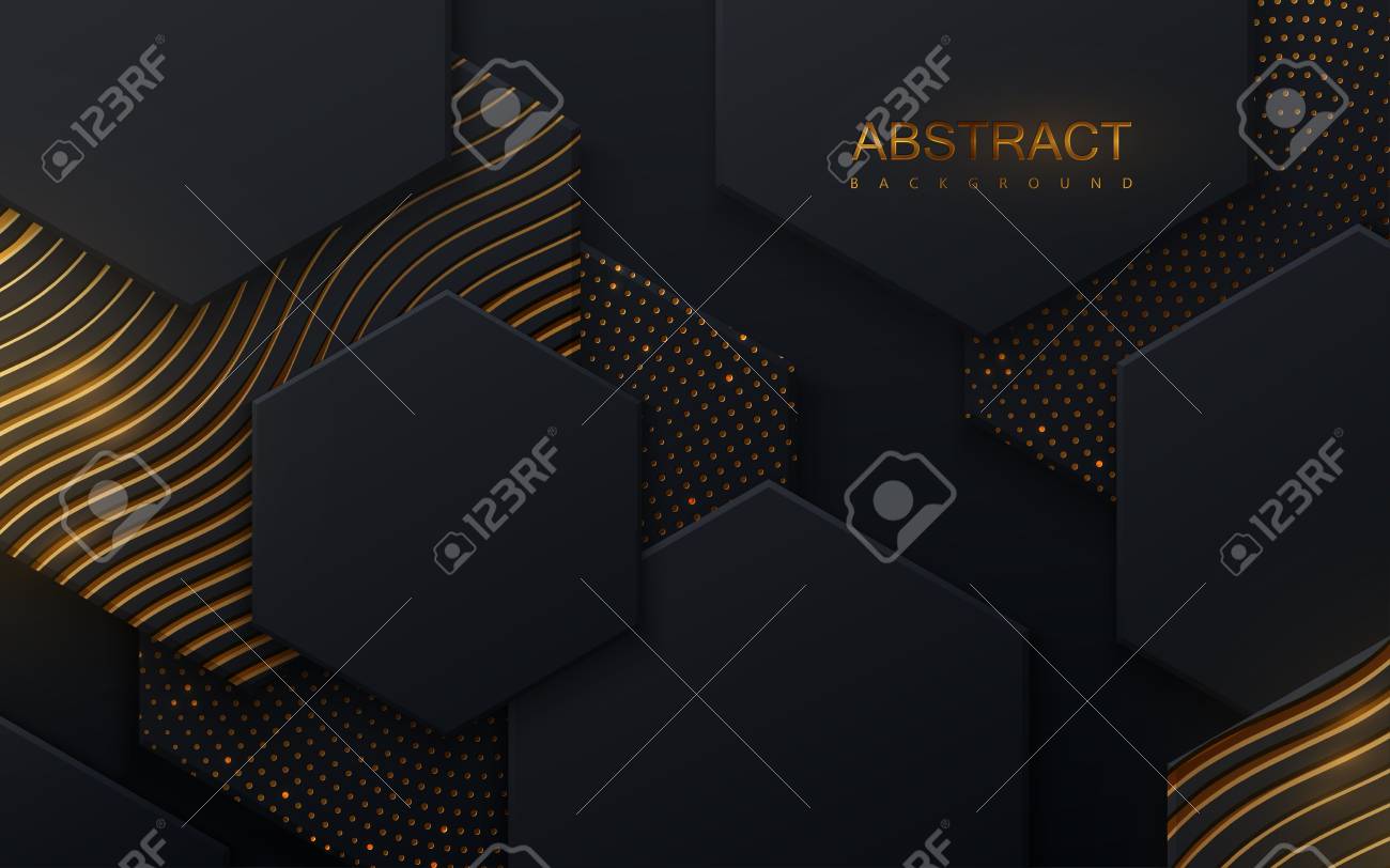 Black geometric tiles textured with golden shiny patterns. Modern cover design. Vector illustration. Ad banner. Abstract background. Minimal composition with hex shapes. Layout design - 121698878 Black geometric tiles textured with golden shiny patterns. Modern cover design. Vector illustration. Ad banner. Abstract background. Minimal composition with hex shapes. Layout design - 121698878