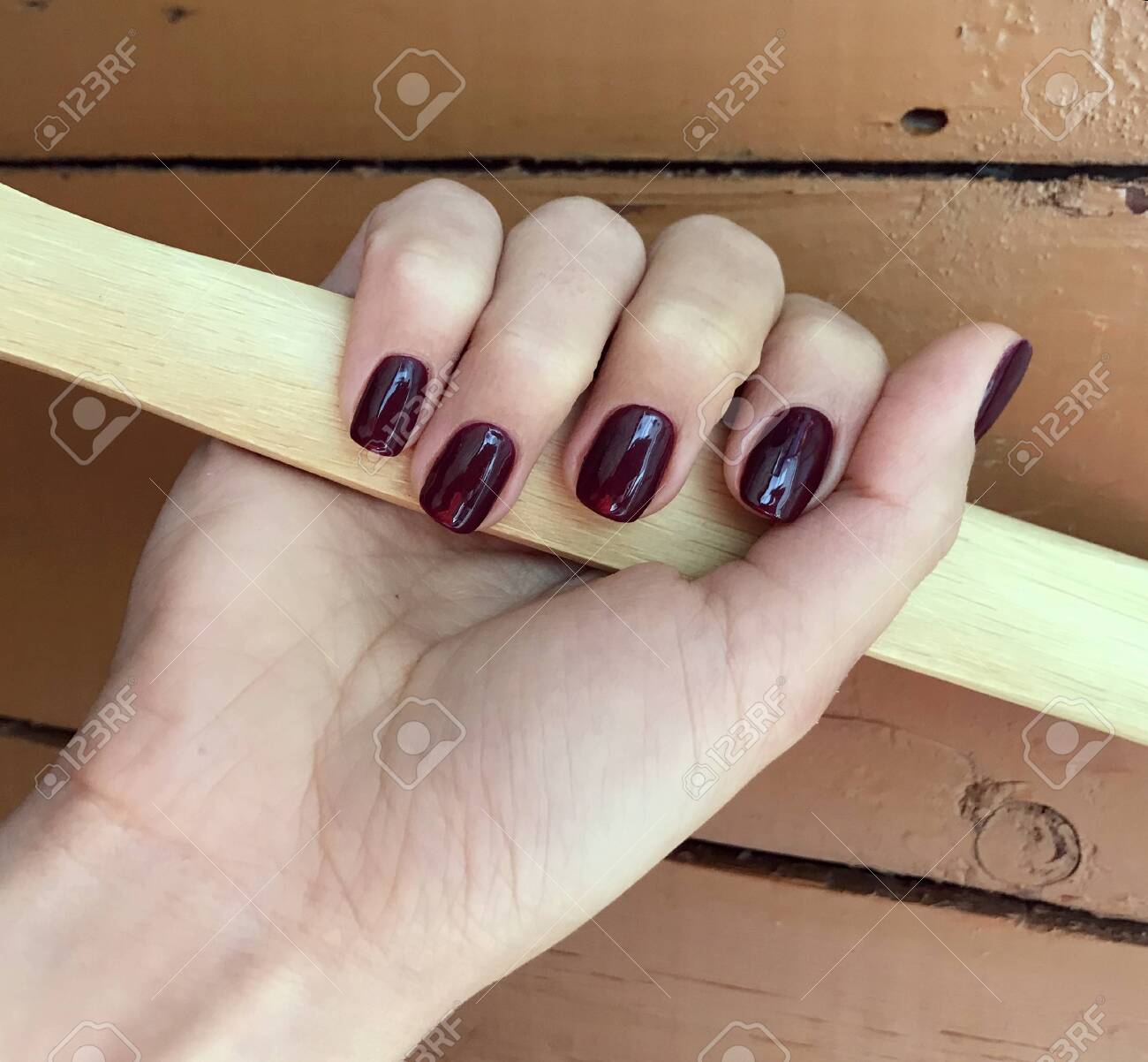 Burgundy Nail Polish. Manicure On A 