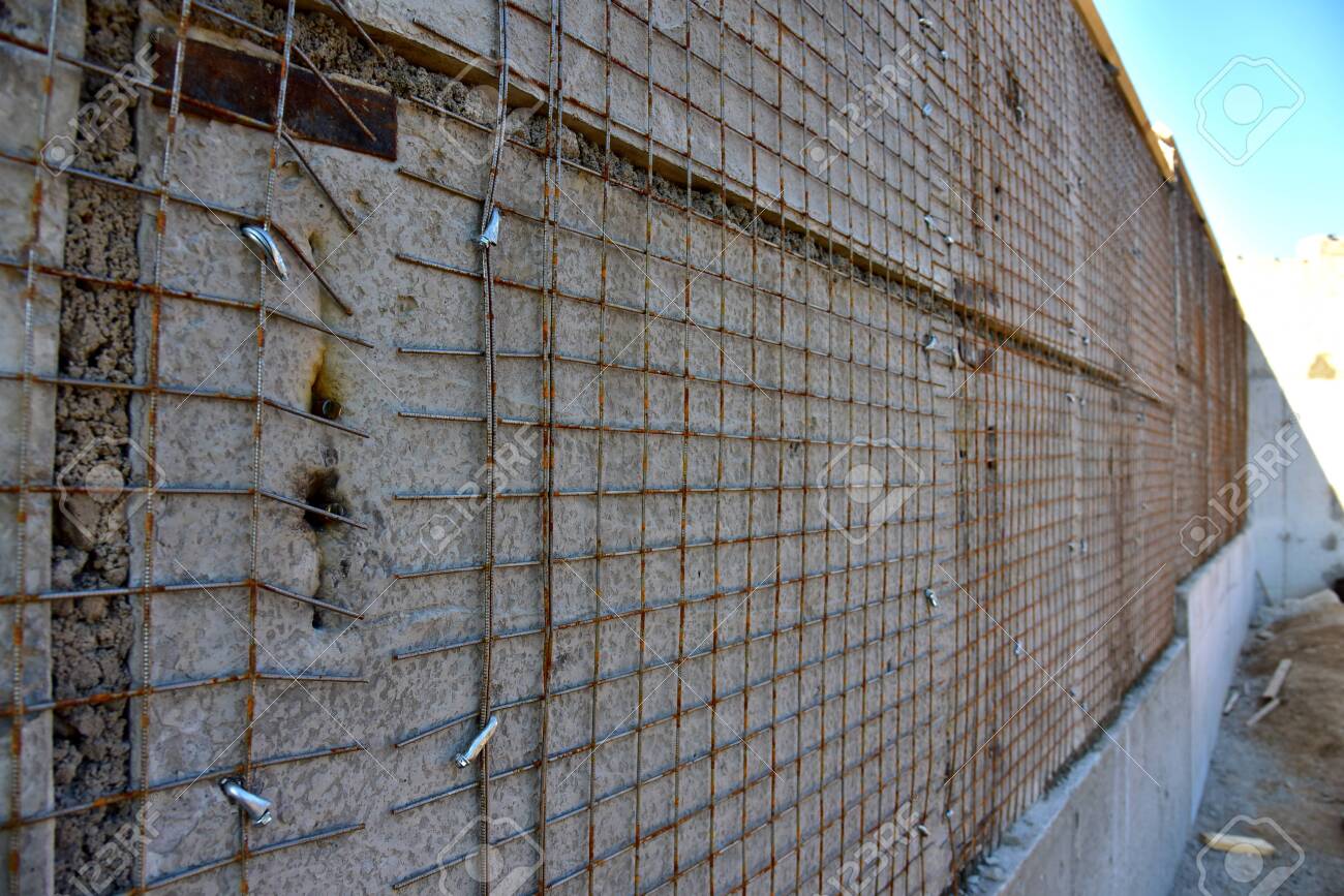 Strengthening Of Concrete Block Masonry Walls Using Steel Wire Mesh Exterior Wall Insulation Install Metal Mesh On Concrete Wall For Plastering With Cement Mortar Plaster For Construction Stock Photo Picture And Royalty