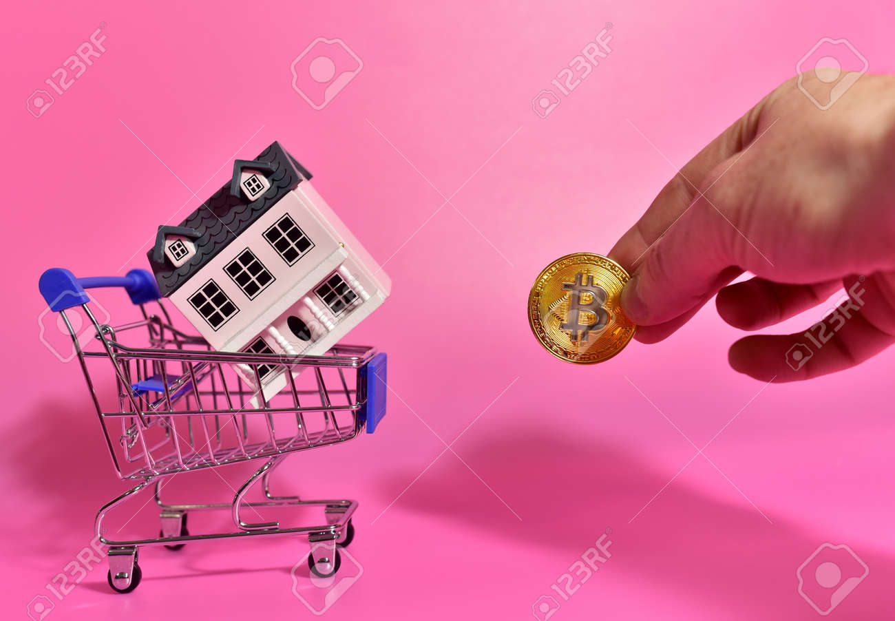 Compra De Propiedades Con Bitcoin Payments. Concepto De Compra De Bienes  Raíces Y Vivienda Para Criptomonedas. Moneda Criptográfica BTC Y Casa Y  Carrito De Compras. Hogar En Miniatura Y Mini Carro De