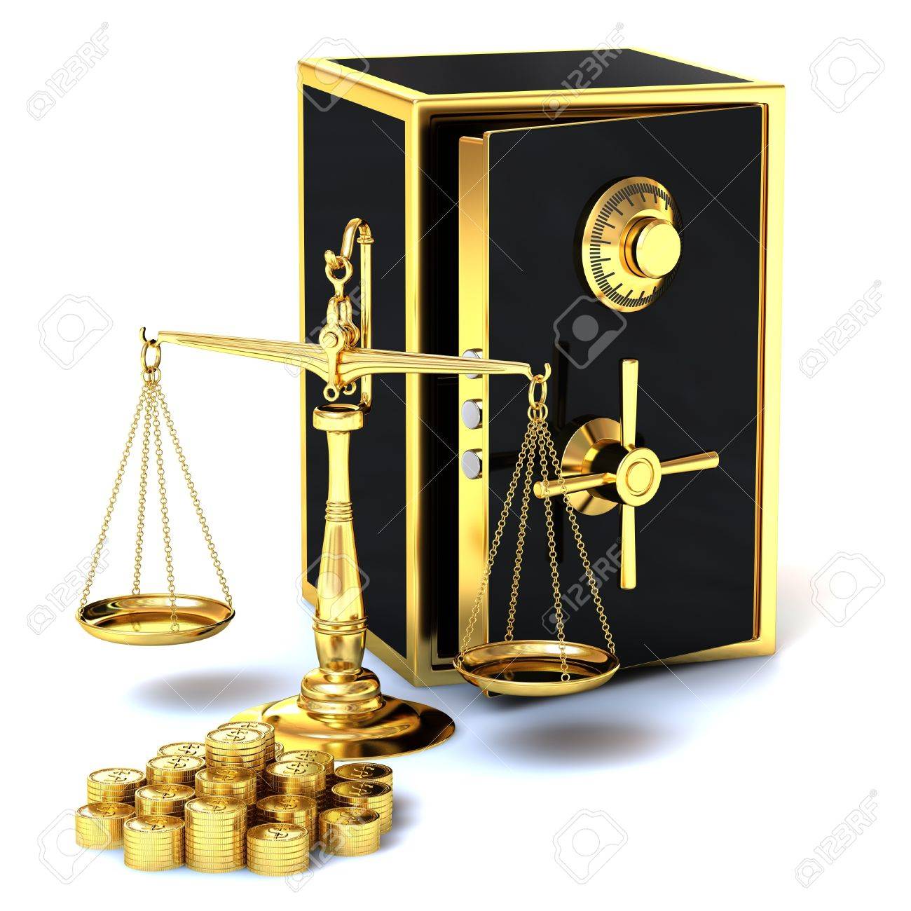 黄金の天秤と白い背景の上のコインのスタックと安全です。の写真素材・画像素材 Image 12028468