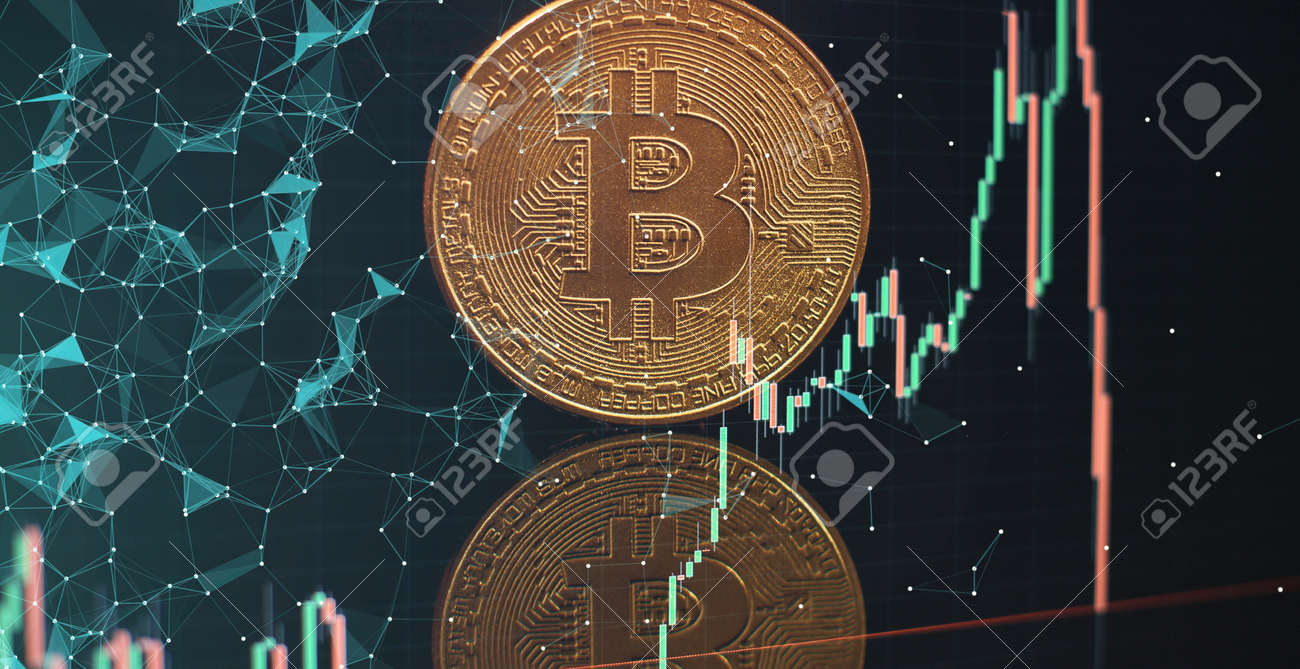 Concepto De Sistema De Comercio De Bitcoin Y Criptomonedas. Monedas De  Bitcoin Con Gráfico De Precios De Mercado De Intercambio Comercial Global  En Segundo Plano. Fotos, retratos, imágenes y fotografía de archivo