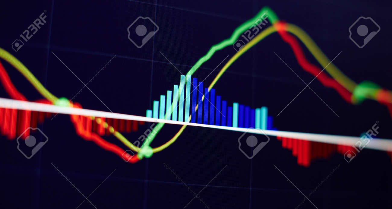 기술 가격 그래프 및 표시기, 파란색 테마 화면의 빨간색 및 녹색 캔들스틱 차트, 시장 변동성, 위아래 추세. 주식 거래,  Cryptocurrencies 배경. 로열티 무료 사진, 그림, 이미지 그리고 스톡포토그래피. Image 181738163