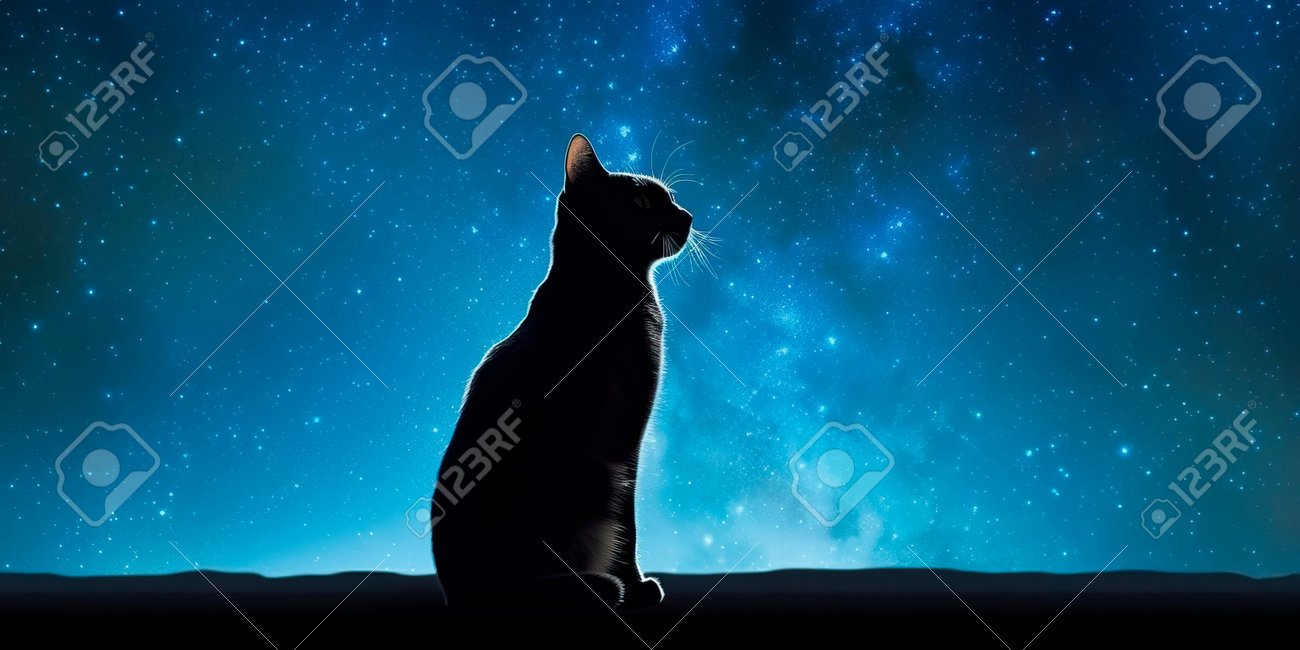Cat's Silhouette Against A Backdrop Of A Starry Night Sky