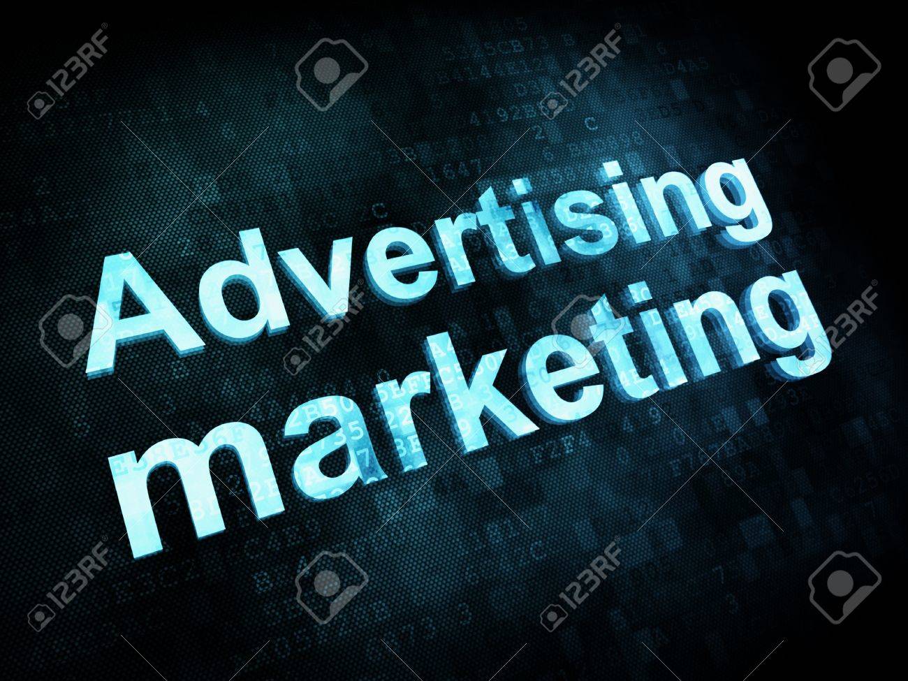 marketing concept pixelated words advertising marketing on digital words for advertising and marketing