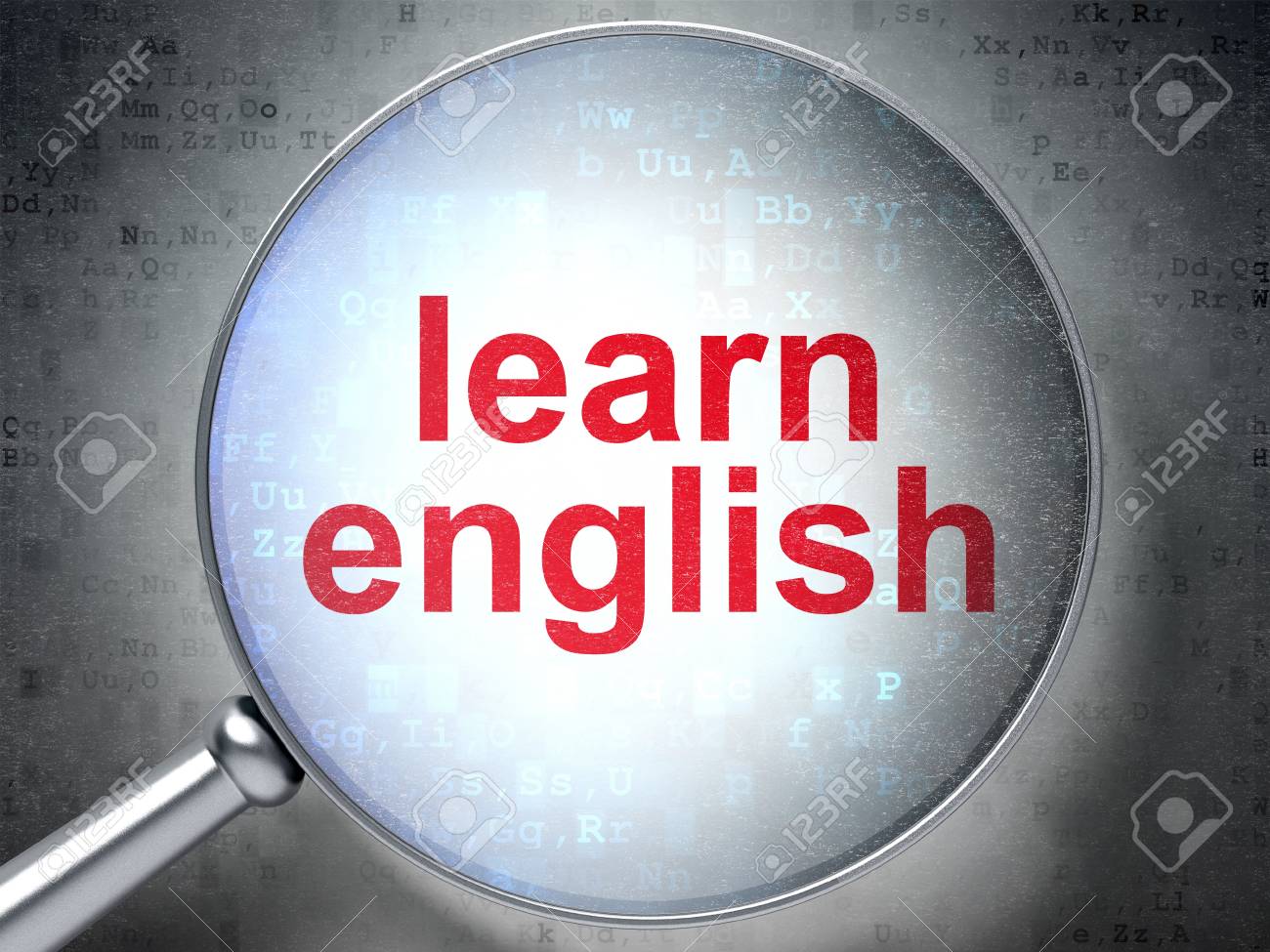 言葉と光を虫眼鏡を 3 D デジタル背景に英語を学ぶレンダリングします の写真素材 画像素材 Image