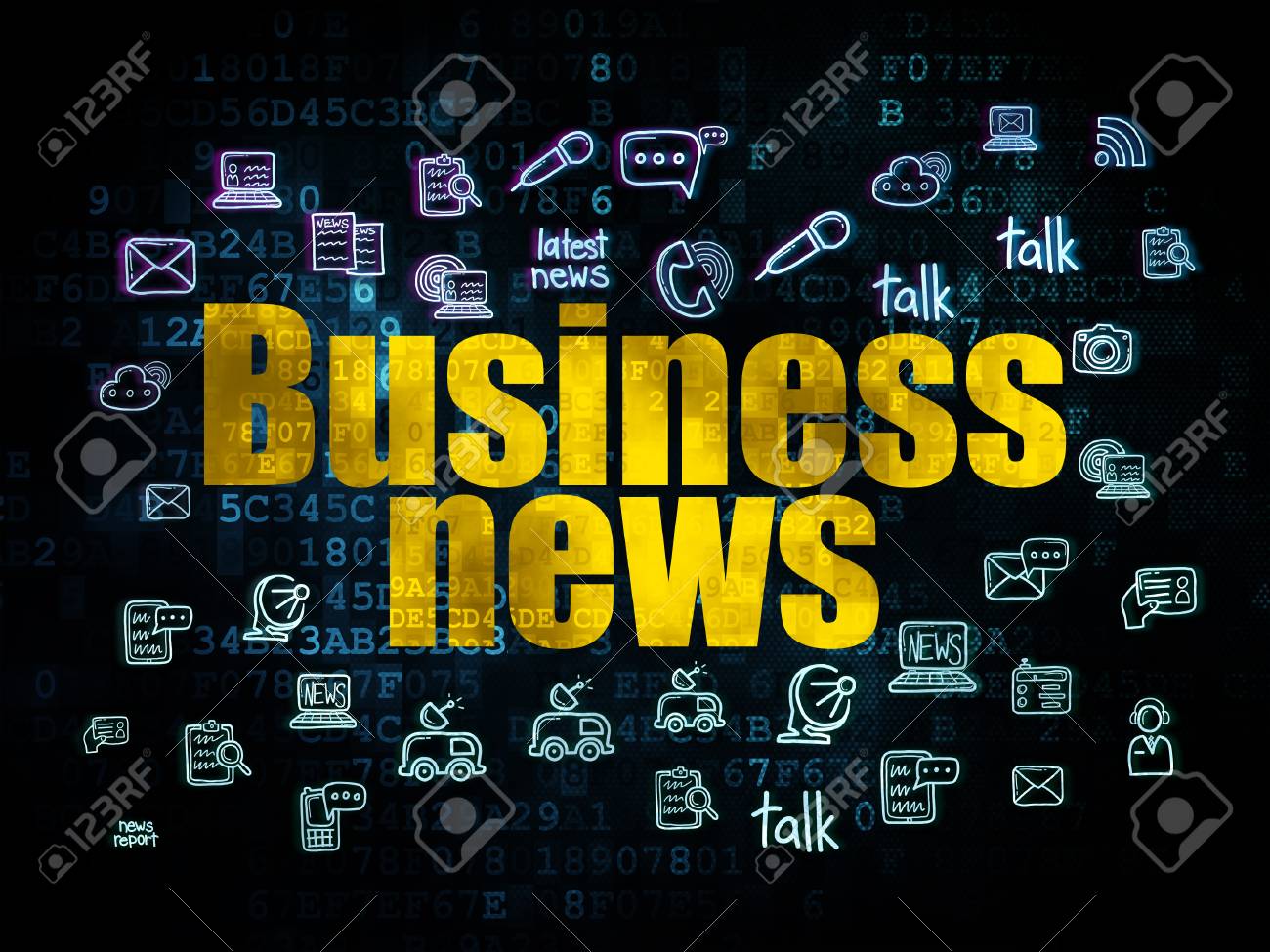 ニュース概念 手描画ニュース アイコン 3 D のレンダリングとデジタル背景にドット絵の黄色テキスト ビジネス ニュース の写真素材 画像素材 Image