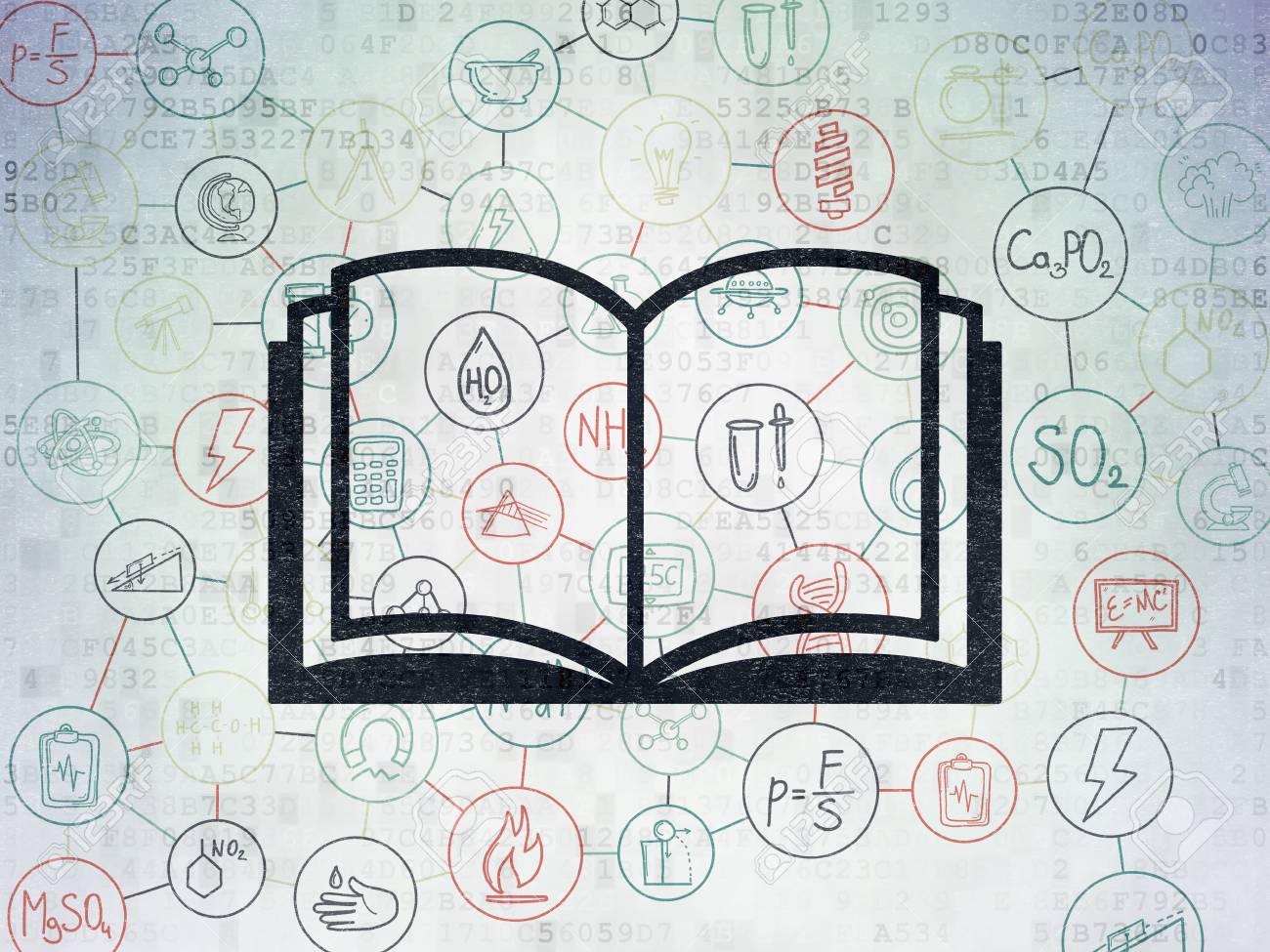 科学概念 科学アイコンを描画手の方式とデジタル ペーパーの背景に塗られた黒い本アイコン の写真素材 画像素材 Image