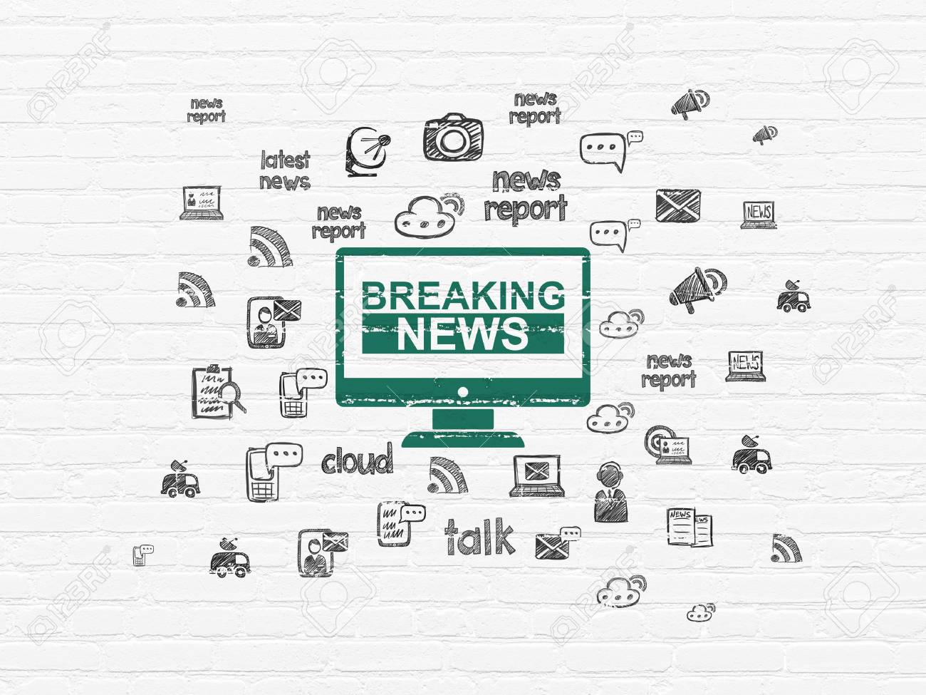 News Concept Painted Green Breaking News On Screen Icon On White Brick Wall Background With Hand Drawn News Icons Stock Photo Picture And Royalty Free Image Image