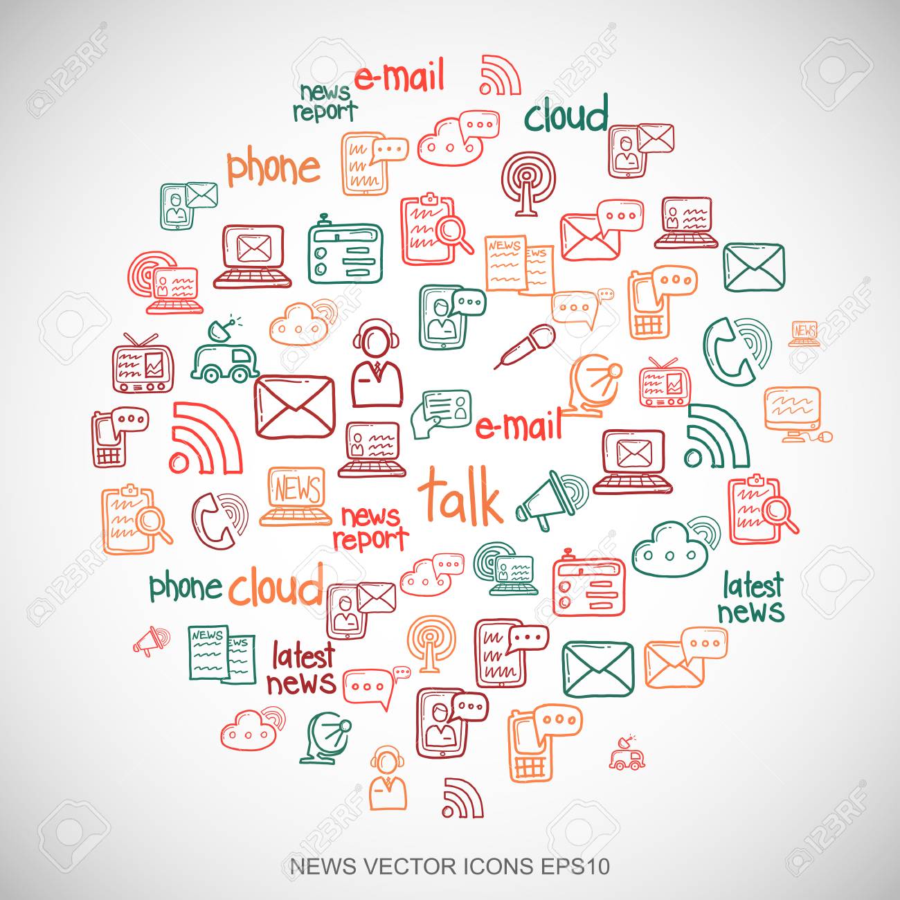 Multicolor doodles flat Hand Drawn News Icons set In A Circle on White background. EPS10 vector illustration. - 83563175 Multicolor doodles flat Hand Drawn News Icons set In A Circle on White background. EPS10 vector illustration. - 83563175