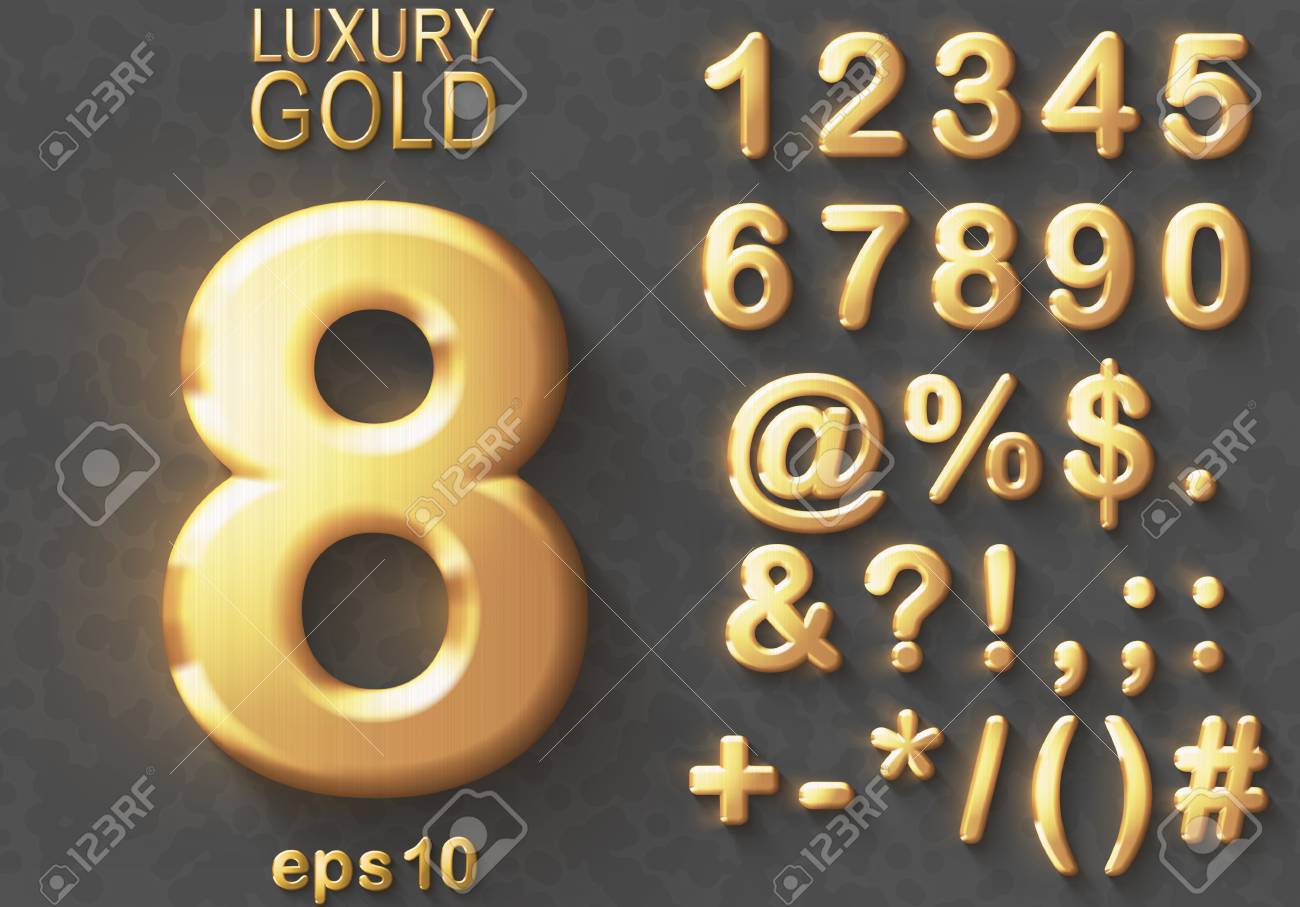 Set of shiny golden luxury 3D Numbers and Characters. Golden metallic glitter bold symbols on gray background. Good set for treasure and luxury concepts. Transparent shadow, EPS 10 vector illustration - 92038505 Set of shiny golden luxury 3D Numbers and Characters. Golden metallic glitter bold symbols on gray background. Good set for treasure and luxury concepts. Transparent shadow, EPS 10 vector illustration - 92038505