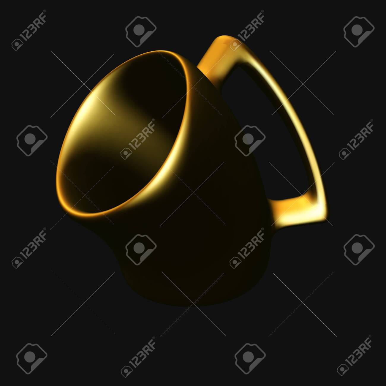 3D golden comic mug isolated on black background. Humorous cartoon coffee or beer mug made of gold. Funny vector illustration of curved tea cup. - 146807009 3D golden comic mug isolated on black background. Humorous cartoon coffee or beer mug made of gold. Funny vector illustration of curved tea cup. - 146807009
