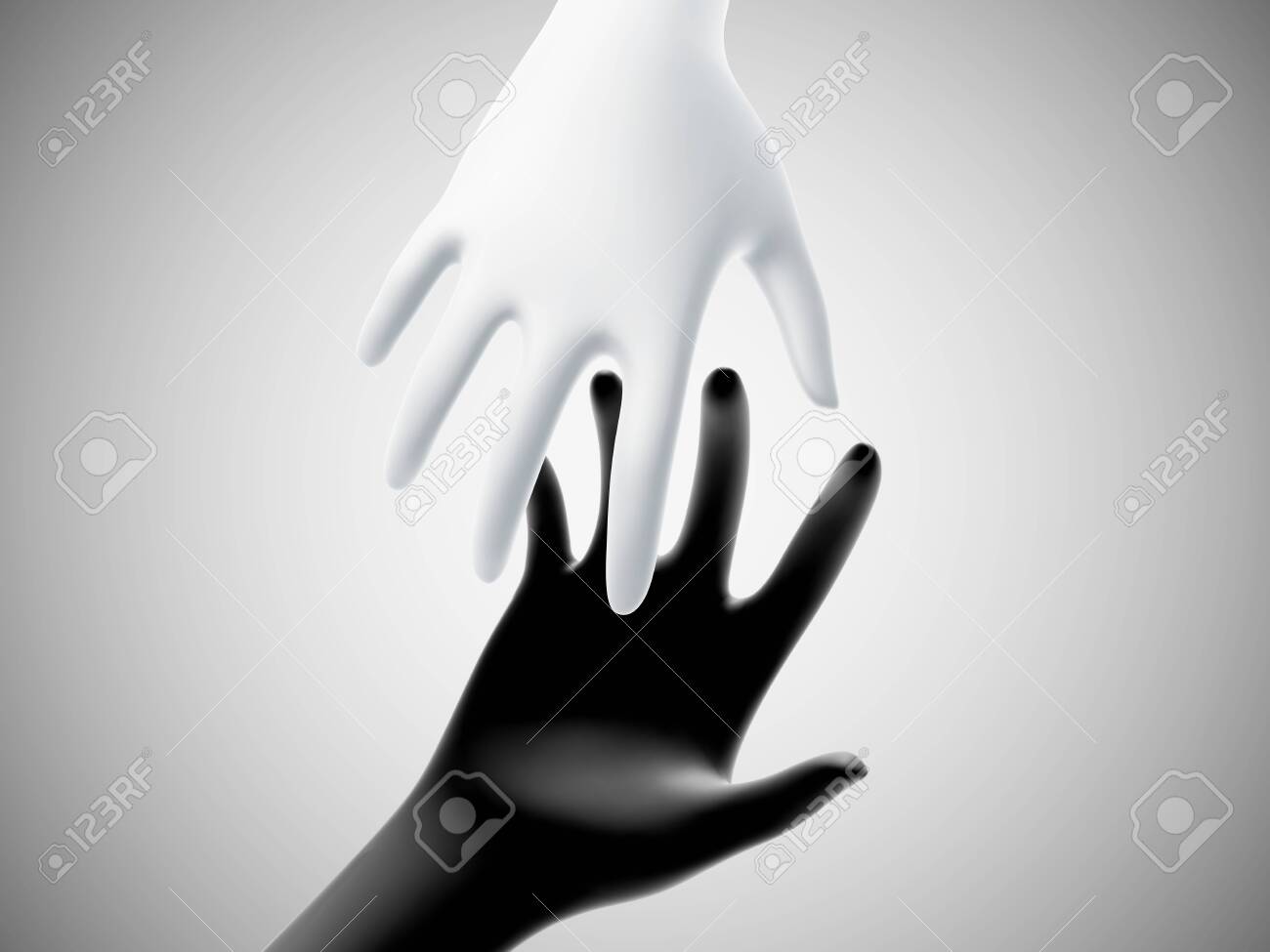 Two 3D hands taking each other on white background. Concept of help, charity, business assistance and partnership. White hand reaches for black hand. Vector illustration of helping gesture. - 144177971 Two 3D hands taking each other on white background. Concept of help, charity, business assistance and partnership. White hand reaches for black hand. Vector illustration of helping gesture. - 144177971