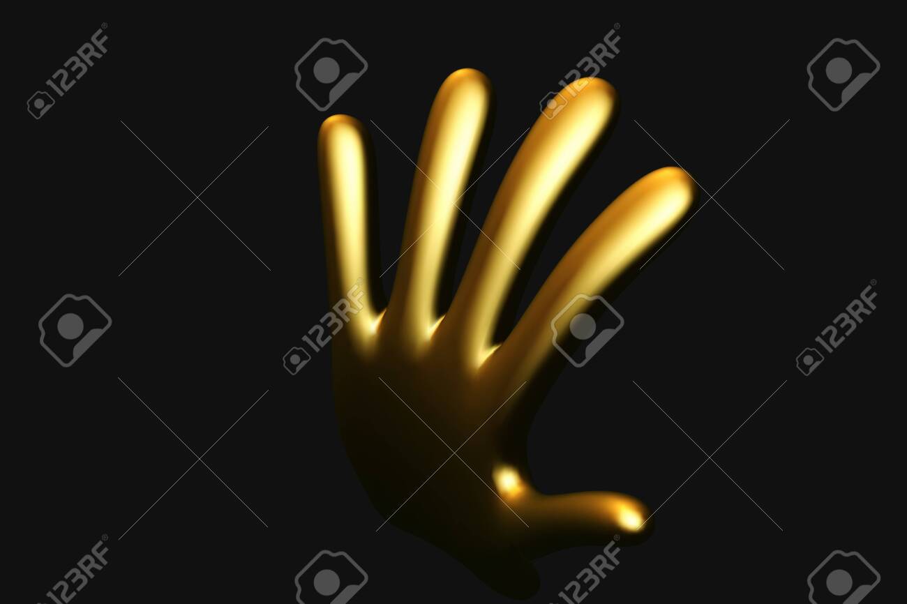 3D golden cartoon hand raised in welcoming gesture on black background. Humorous comic human hand made of gold. Funny vector illustration of human palm. - 145034553 3D golden cartoon hand raised in welcoming gesture on black background. Humorous comic human hand made of gold. Funny vector illustration of human palm. - 145034553