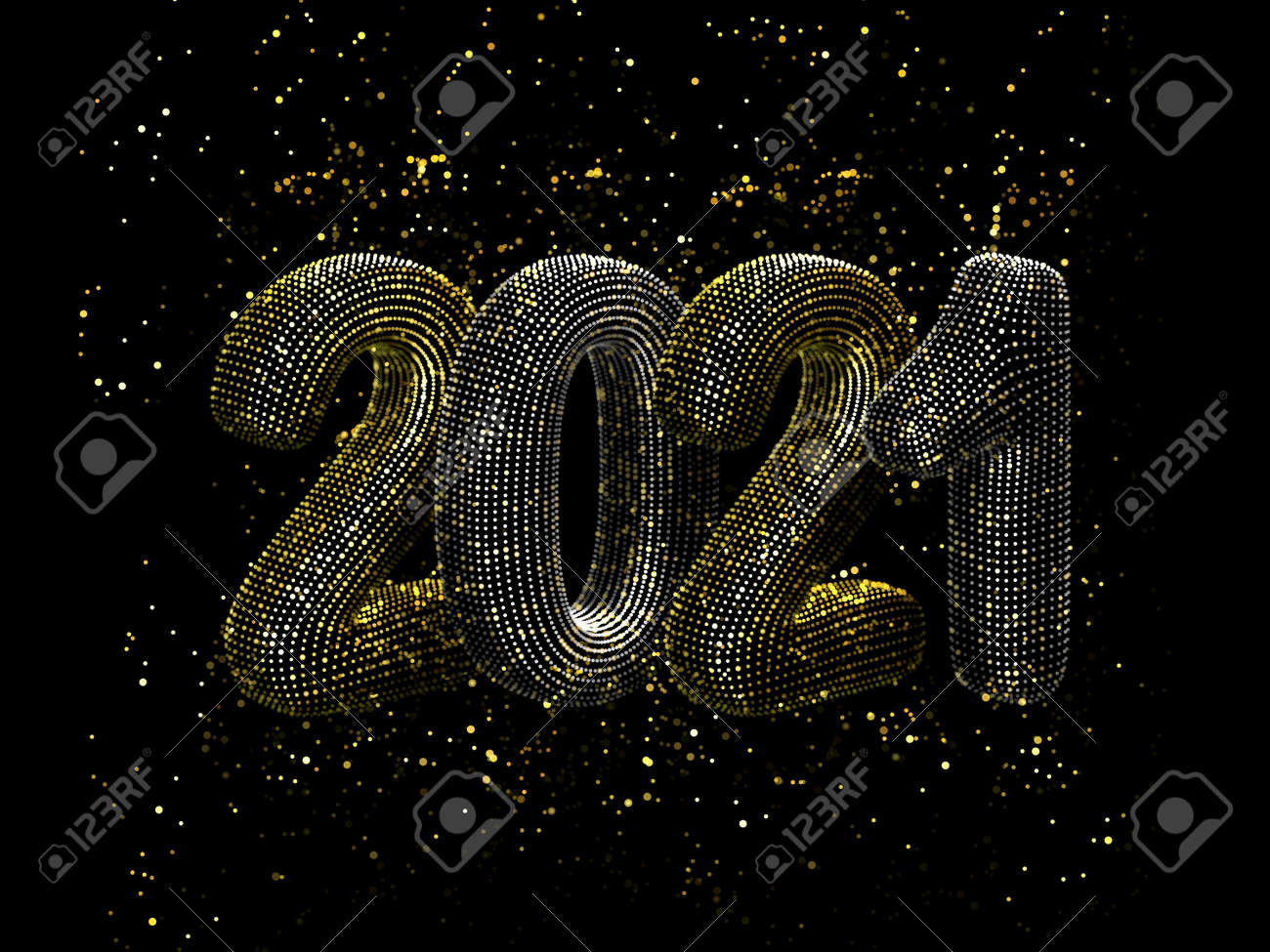 Happy New Year greeting glamorous postcard: 3D gold and silver text 2021 with shiny golden sparkles on black background. Concept of 2021 New Year celebration. New Year festive vector illustration. - 157402443 Happy New Year greeting glamorous postcard: 3D gold and silver text 2021 with shiny golden sparkles on black background. Concept of 2021 New Year celebration. New Year festive vector illustration. - 157402443