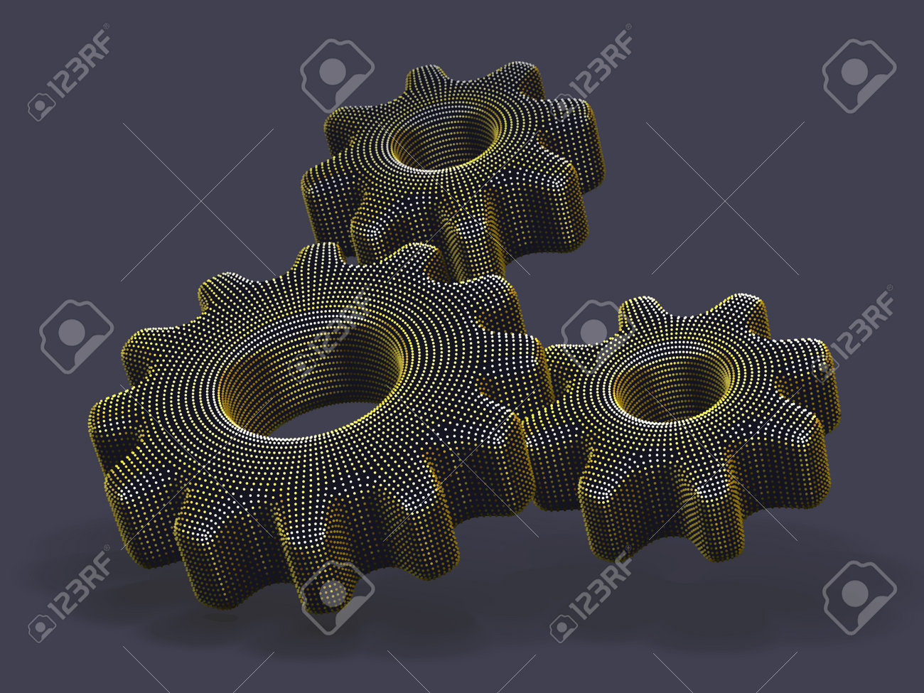 Three 3D gears made of yellow dots on gray background. Abstract vector illustration of digital golden futuristic cogwheels. Concept of business partnership, teamwork and successful business solution. - 160221219 Three 3D gears made of yellow dots on gray background. Abstract vector illustration of digital golden futuristic cogwheels. Concept of business partnership, teamwork and successful business solution. - 160221219
