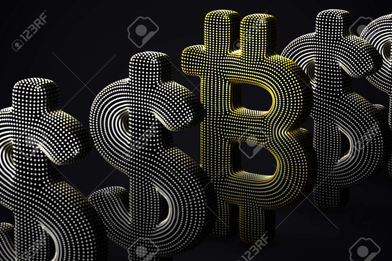 Digital golden 3D Bitcoin currency logo in a row with US Dollar signs on gray background. Concept of successful investing and stock exchange trading. Vector illustration, EPS 10. - 163804644 Digital golden 3D Bitcoin currency logo in a row with US Dollar signs on gray background. Concept of successful investing and stock exchange trading. Vector illustration, EPS 10. - 163804644