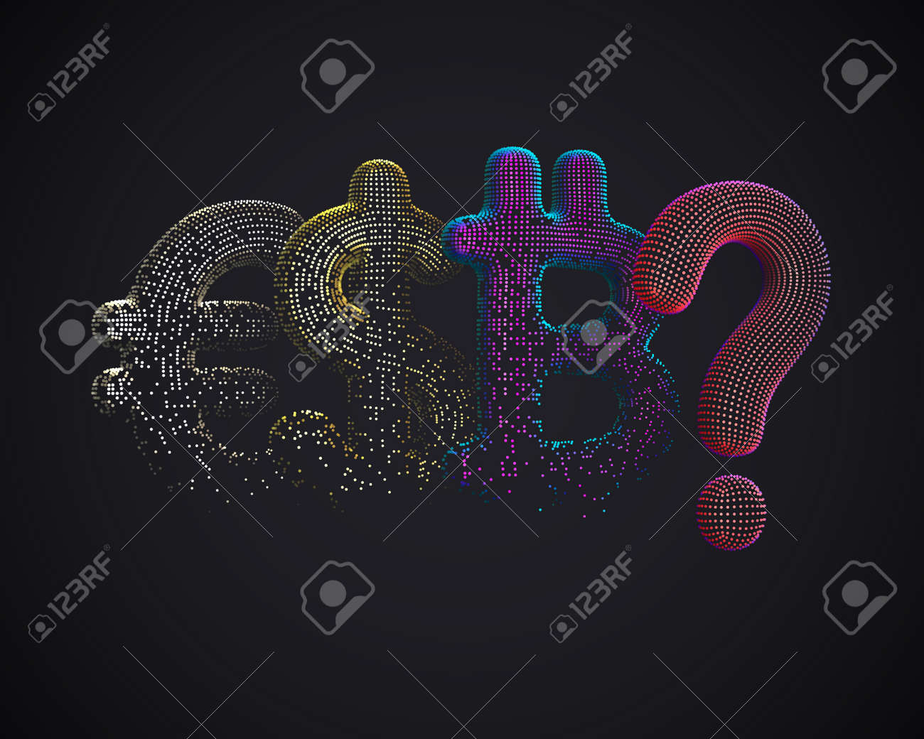 3D digital Euro, Dollar and Bitcoin symbol in a row with question sign on black background. Concept of cryptocurrency investing and forecast exchange rates of currencies. Vector illustration - 164494358 3D digital Euro, Dollar and Bitcoin symbol in a row with question sign on black background. Concept of cryptocurrency investing and forecast exchange rates of currencies. Vector illustration - 164494358