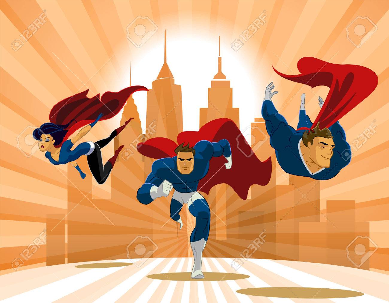 Superhero Team; Team Of Superheroes, Flying And Running In Front Of A Urban  Background. Royalty Free SVG, Cliparts, Vectors, and Stock Illustration.  Image 41379584., image size:1300x1014