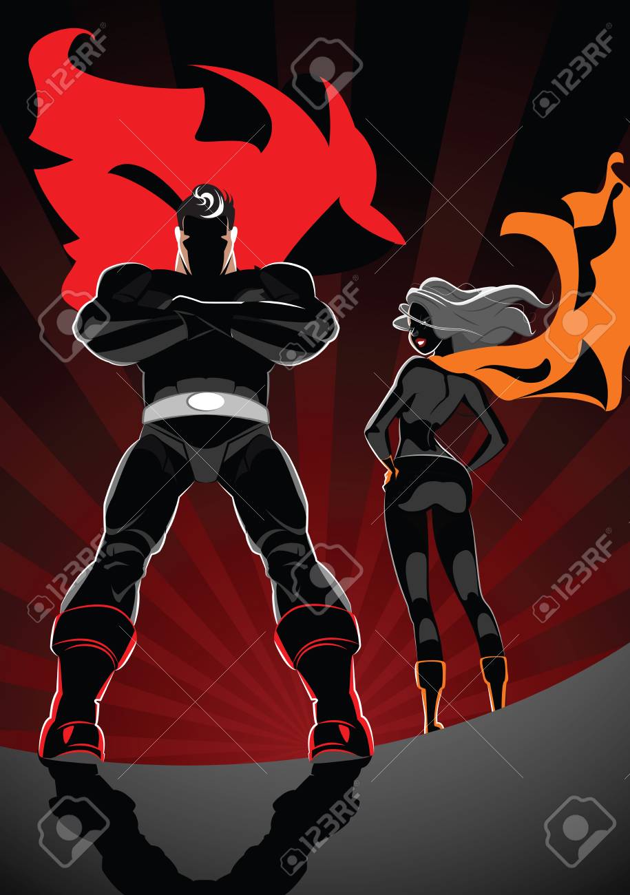 superhero couple male and female superheroes on a skyscraper