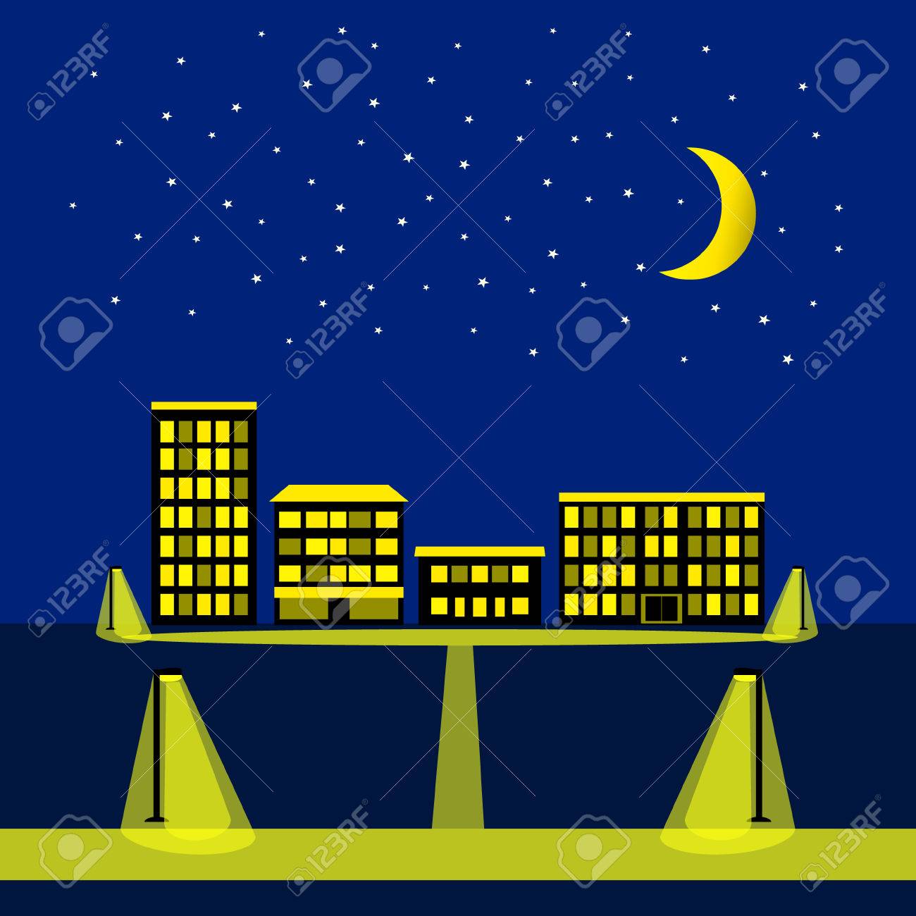 星 月 都市のシルエットの夜空 住宅 ビル アパートのブロックと夜市イラスト 子供のイラストや赤ちゃんのカードの背景 のイラスト素材 ベクタ Image