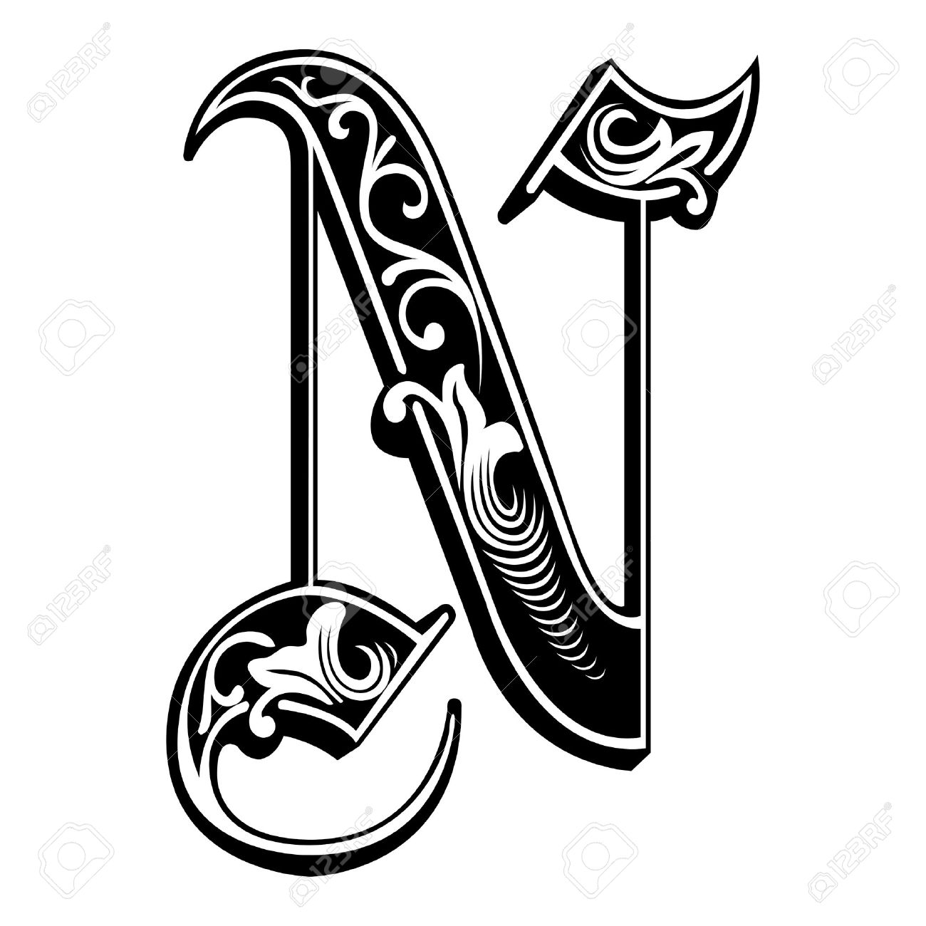 英語アルファベットの美しい装飾 ゴシック様式 N 文字 のイラスト素材 ベクタ Image
