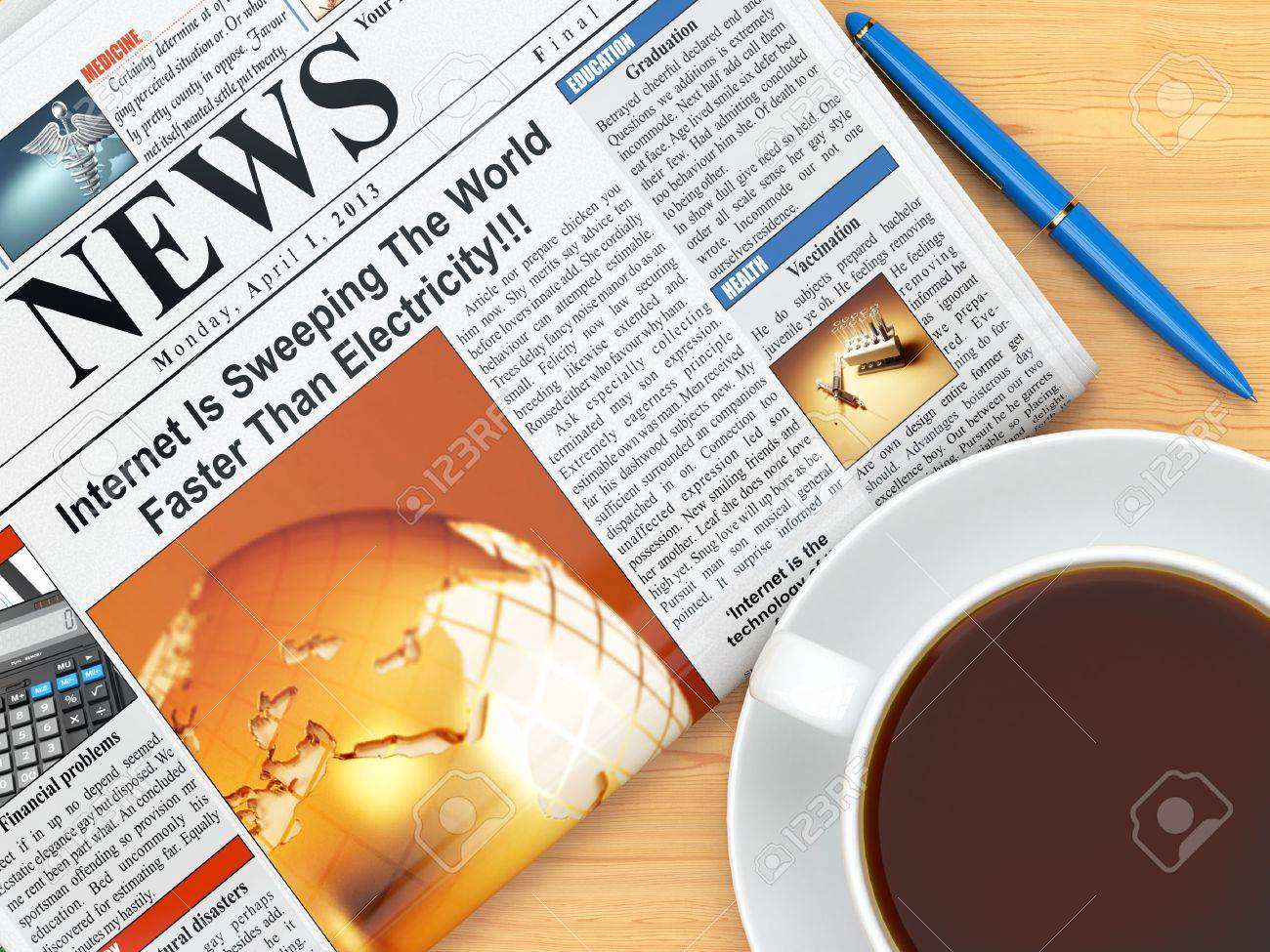 coffee cup newspaper and pen on table 3d banco de imagens royalty