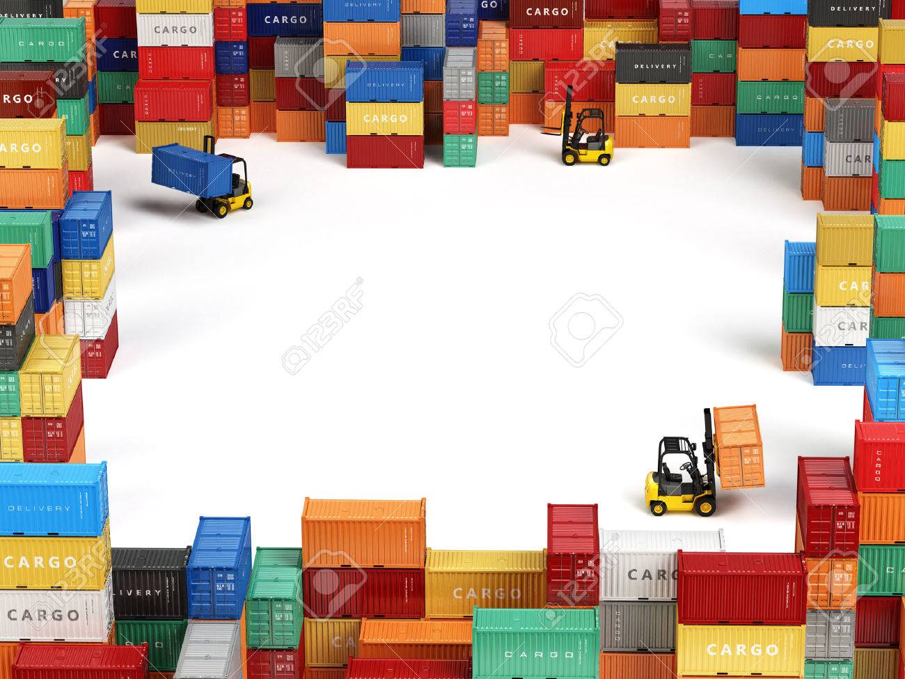 Cargo shipping containers in storage area with forklifts and space for text. Delivery transportation concept. 3d - 53733164 Cargo shipping containers in storage area with forklifts and space for text. Delivery transportation concept. 3d - 53733164