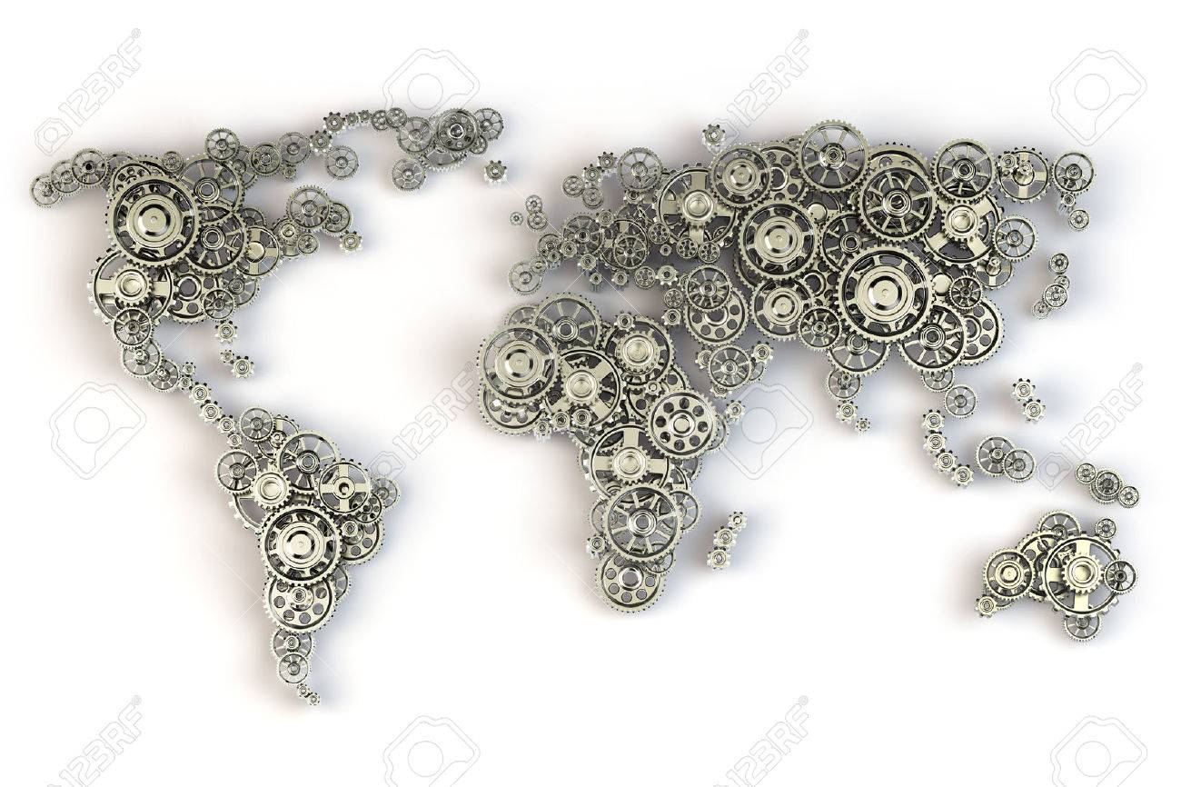 map of the world from gears global economy connections and international business concept 3d