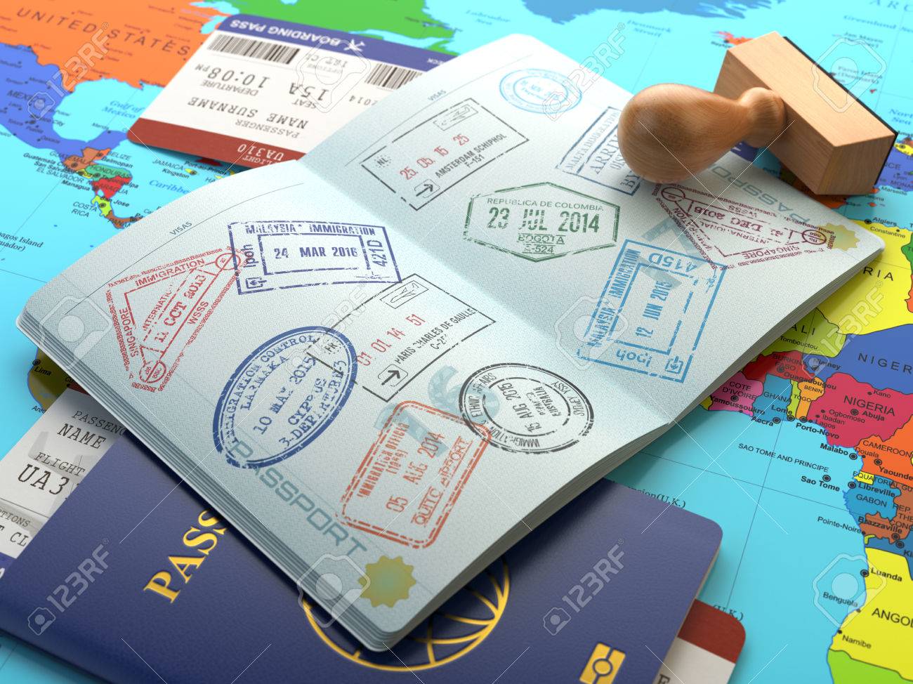Travel or turism concept. Opened passport with visa stamps with airline boarding pass tickets and stamper on the world map. 3d - 56356267 Travel or turism concept. Opened passport with visa stamps with airline boarding pass tickets and stamper on the world map. 3d - 56356267