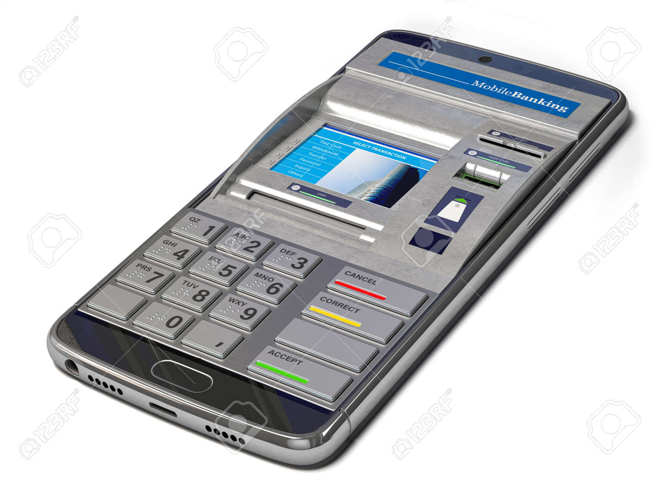 Mobile banking, online payments and digital financial services concept. Smartphone with ATM on screen. 3d illustration - 158690759 Mobile banking, online payments and digital financial services concept. Smartphone with ATM on screen. 3d illustration - 158690759