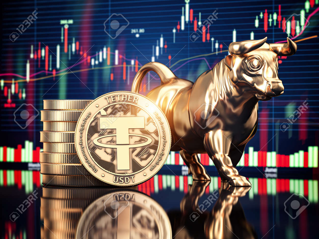 황소와 주식형 차트가 있는 테더 코인. 강세 테더 시장. 3d 그림 로열티 무료 사진, 그림, 이미지 그리고 스톡포토그래피. Image  177616429
